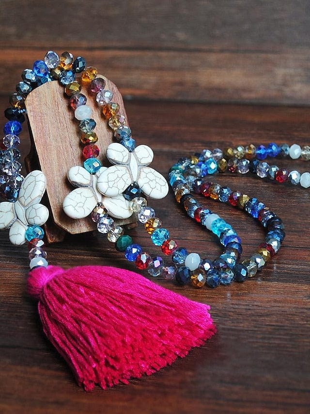 Long Butterfly Pendant Necklace with Stone Beads for Women