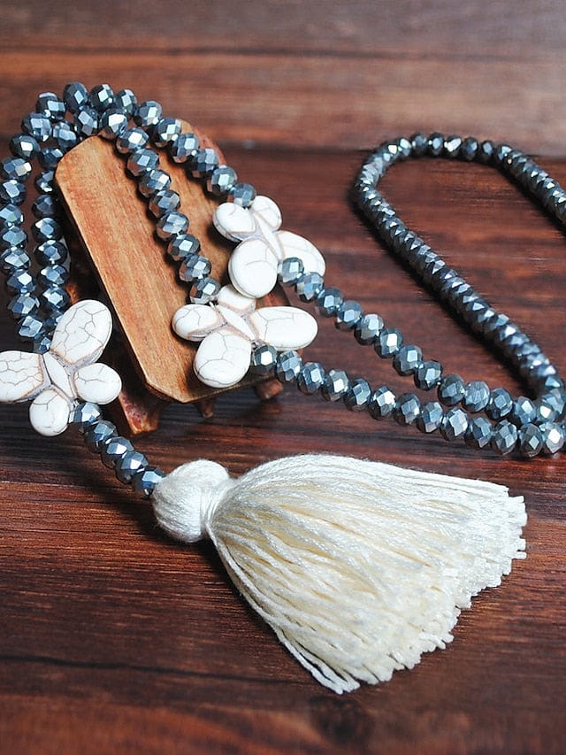 Long Butterfly Pendant Necklace with Stone Beads for Women