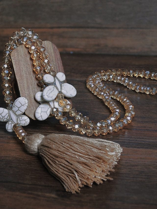 Long Butterfly Pendant Necklace with Stone Beads for Women