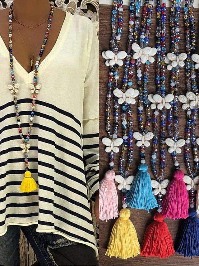 Long Butterfly Pendant Necklace with Stone Beads for Women