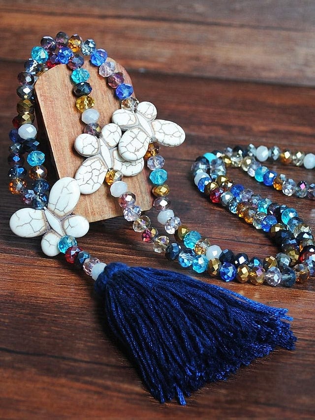 Long Butterfly Pendant Necklace with Stone Beads for Women