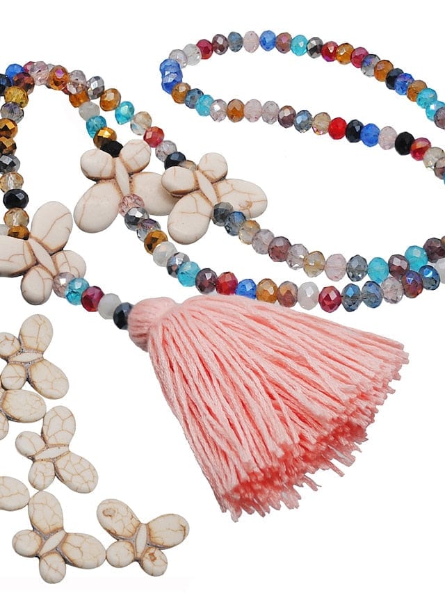 Long Butterfly Pendant Necklace with Stone Beads for Women
