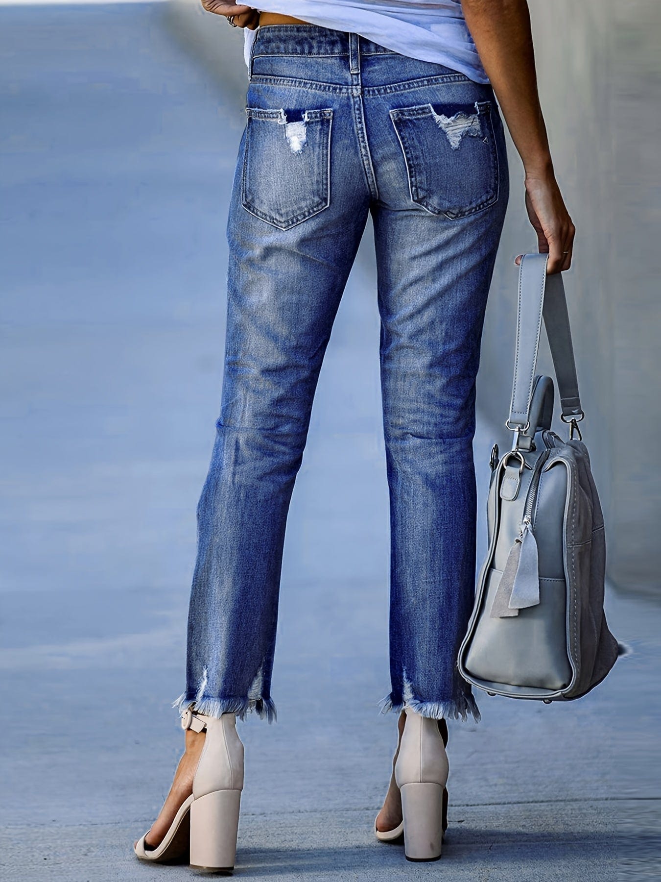 High Waist Ripped Raw Hem Skinny Casual Denim Jeans