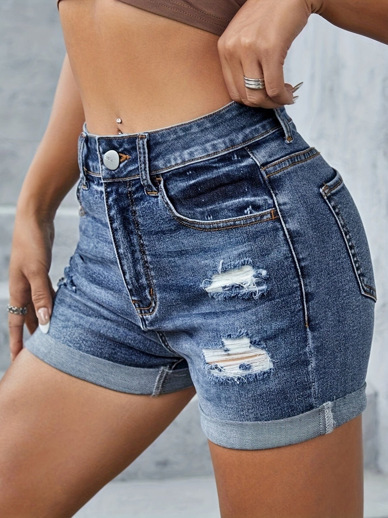 High Waist Roll-Up Hem Ripped Holes Slim Fit Denim Shorts