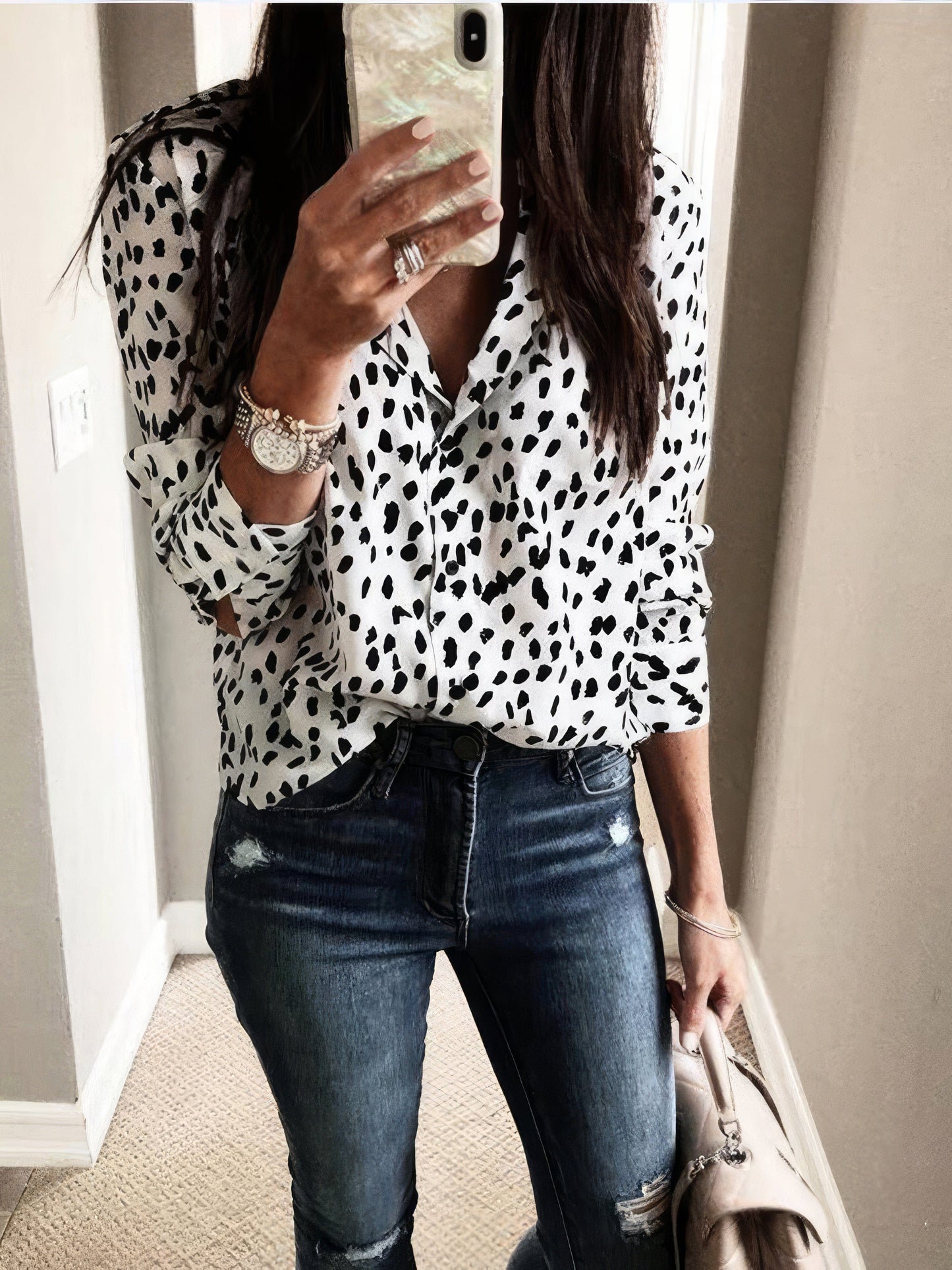 Leopard Print Button Long Sleeve Blouse