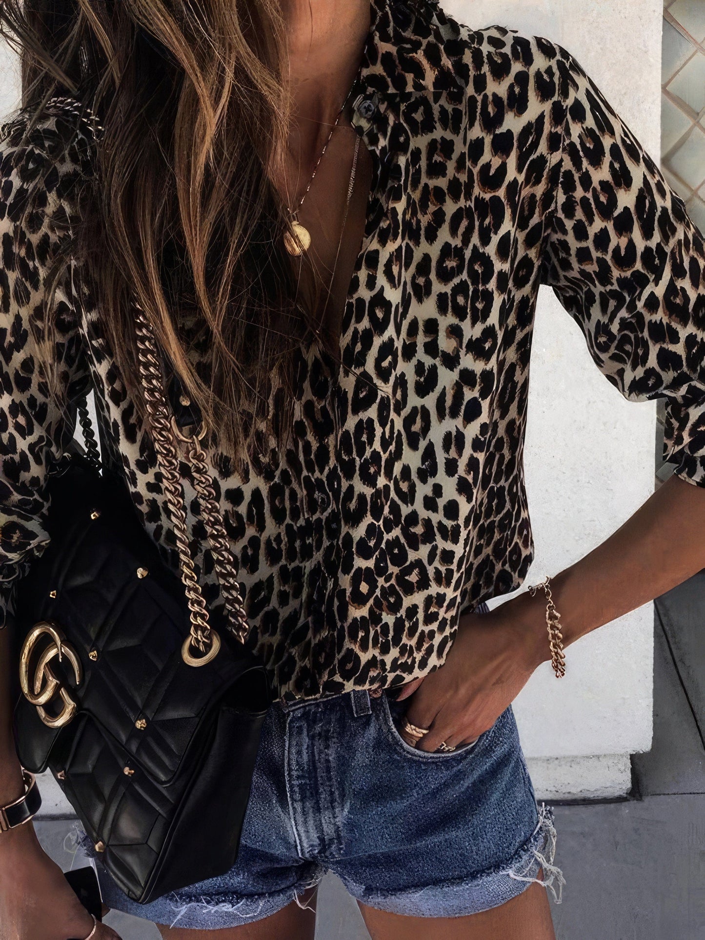 Leopard Print Button Long Sleeve Blouse