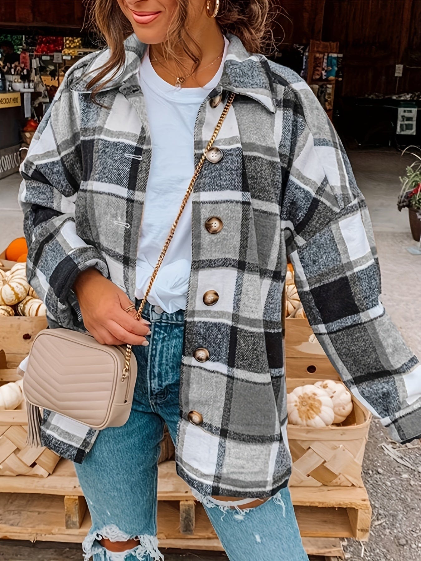 Plaid Drop Shoulder Long Sleeve Loose Lapel Casual Jacket