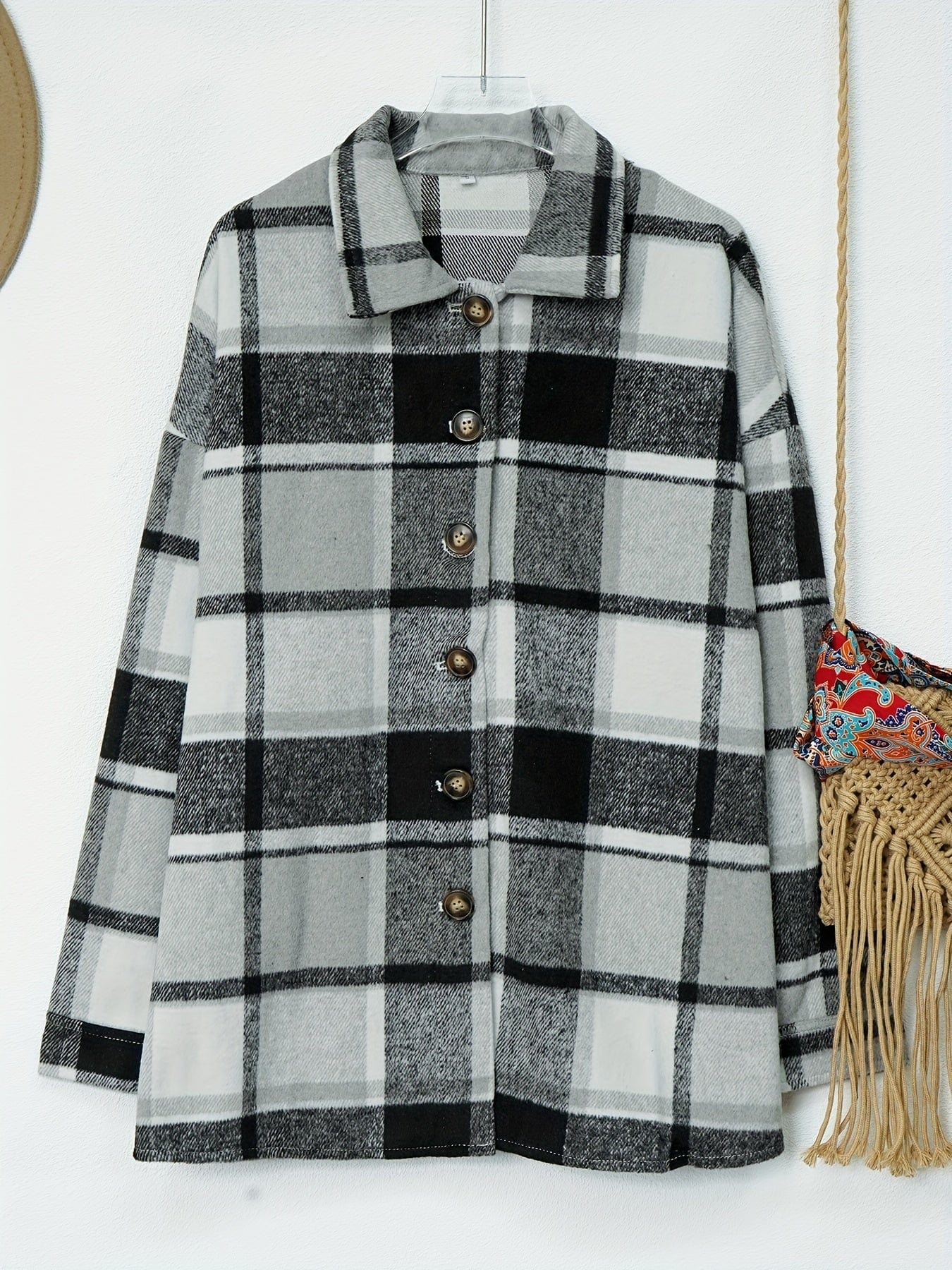 Plaid Drop Shoulder Long Sleeve Loose Lapel Casual Jacket