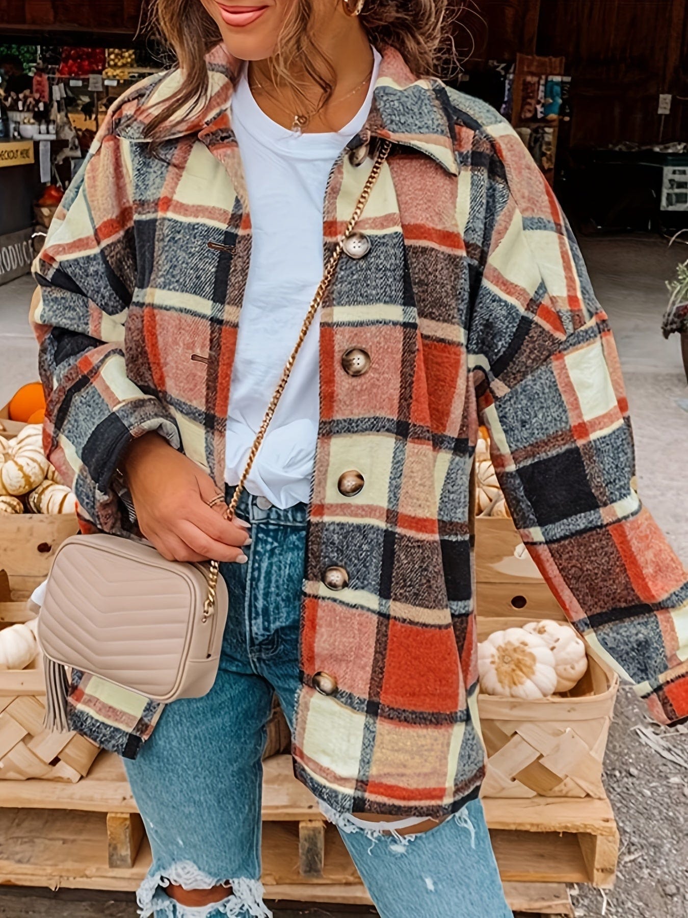 Plaid Drop Shoulder Long Sleeve Loose Lapel Casual Jacket