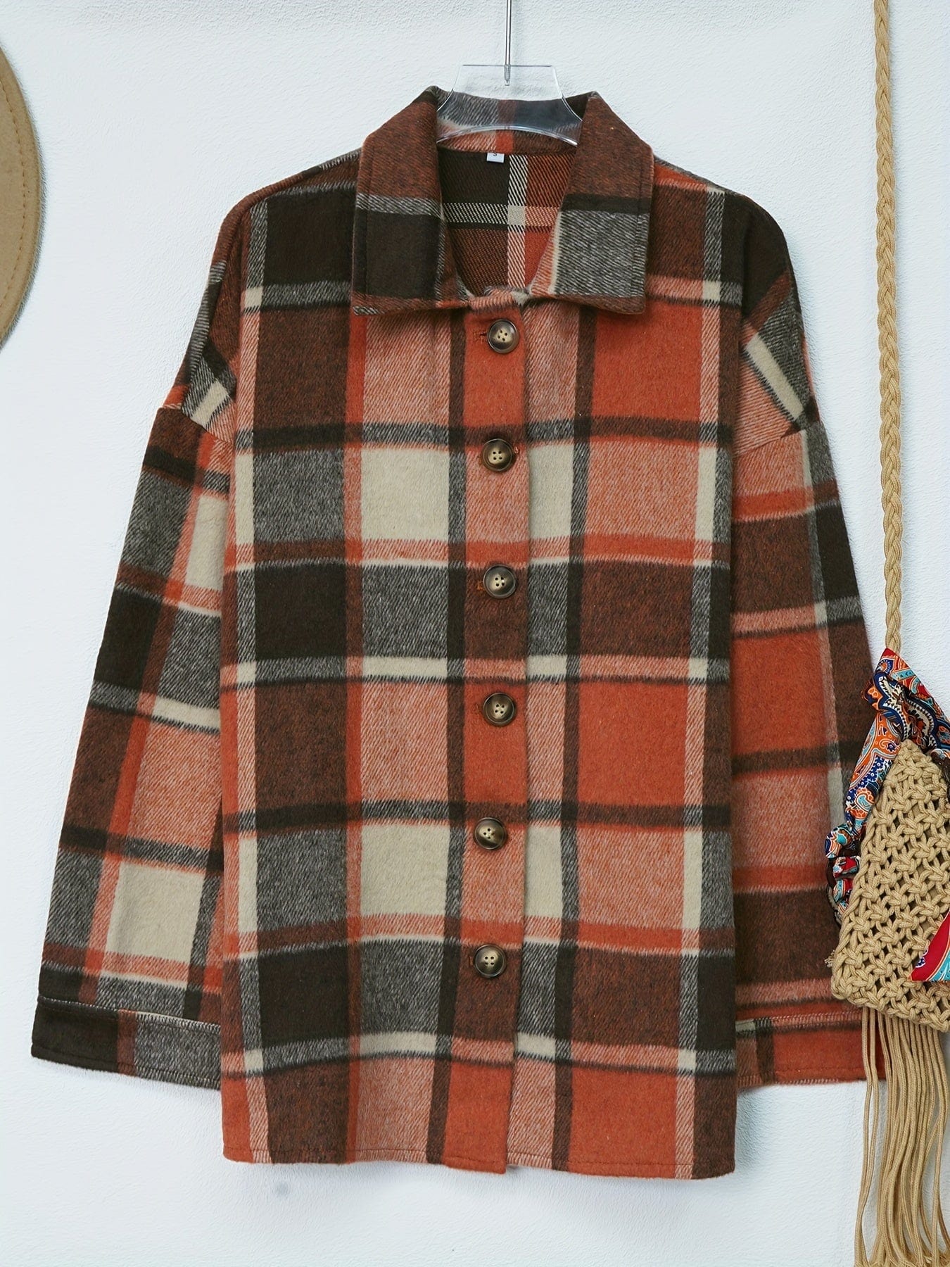 Plaid Drop Shoulder Long Sleeve Loose Lapel Casual Jacket