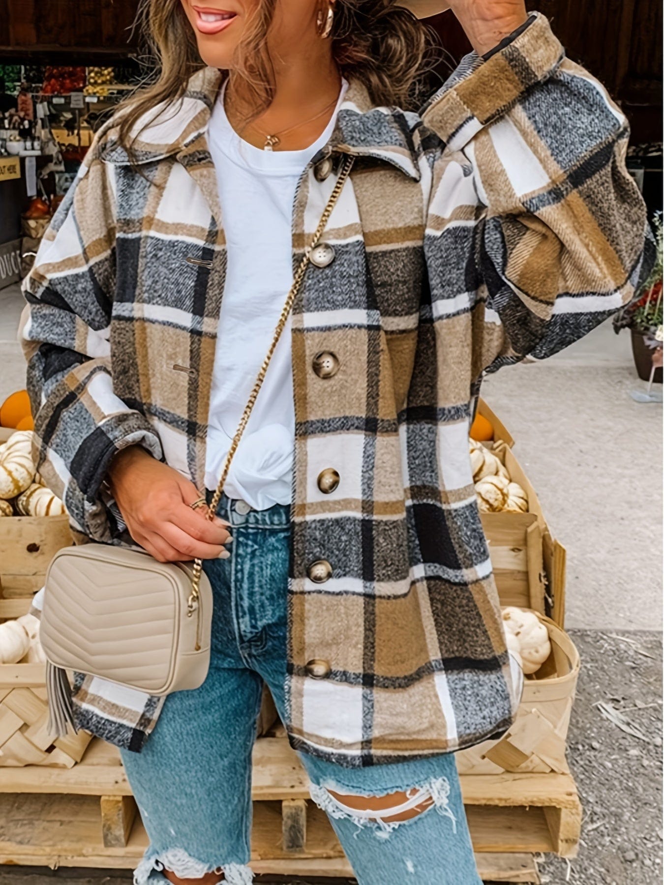 Plaid Drop Shoulder Long Sleeve Loose Lapel Casual Jacket