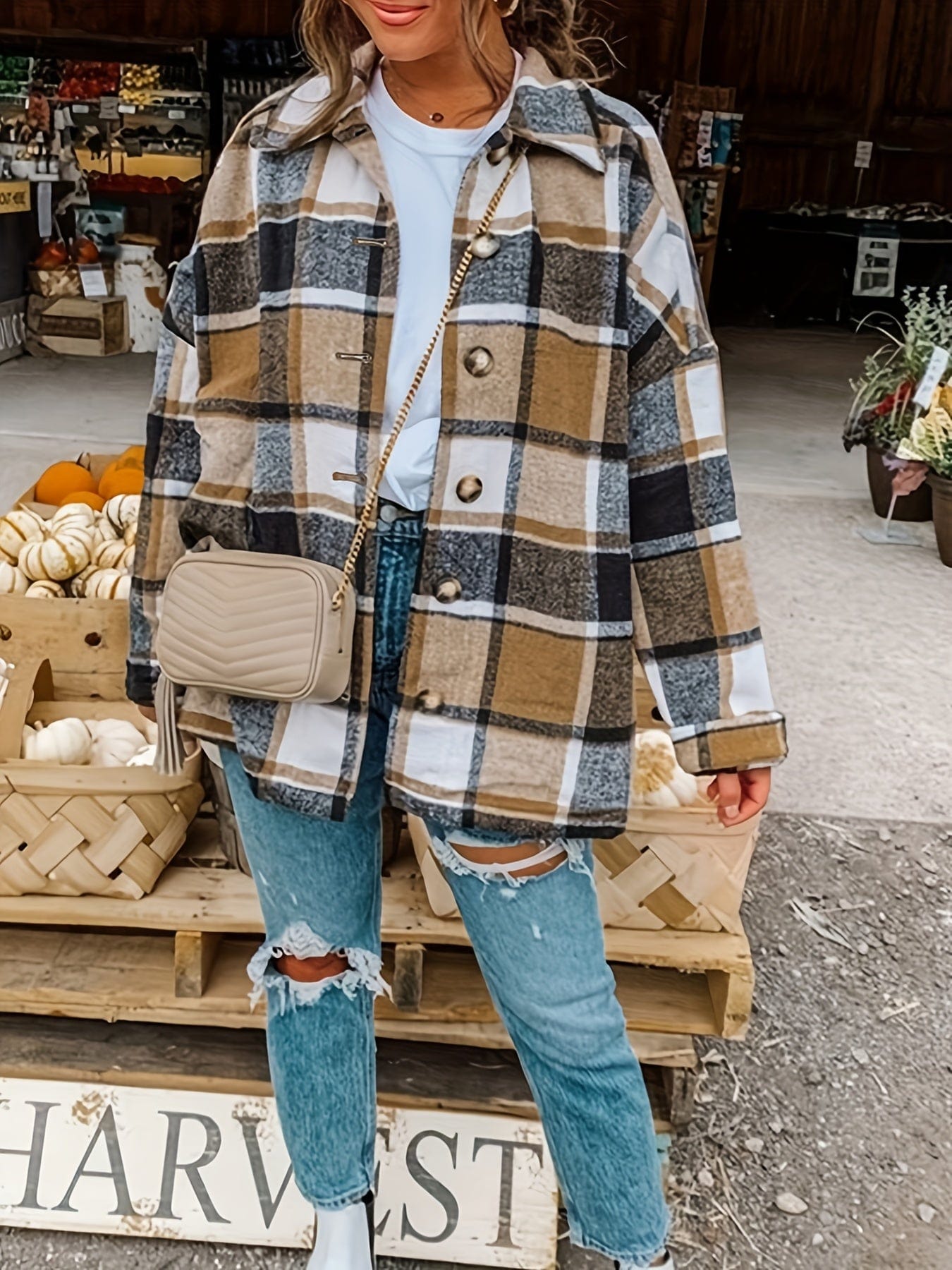 Plaid Drop Shoulder Long Sleeve Loose Lapel Casual Jacket