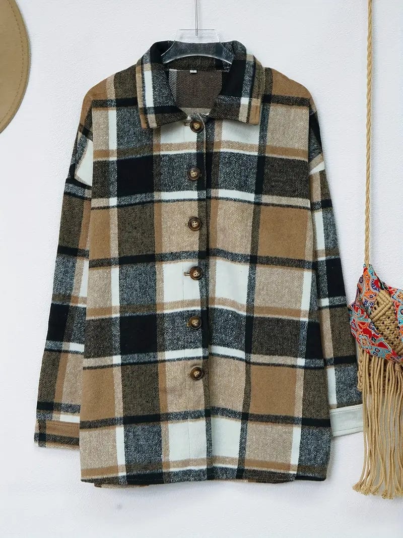 Plaid Drop Shoulder Long Sleeve Loose Lapel Casual Jacket