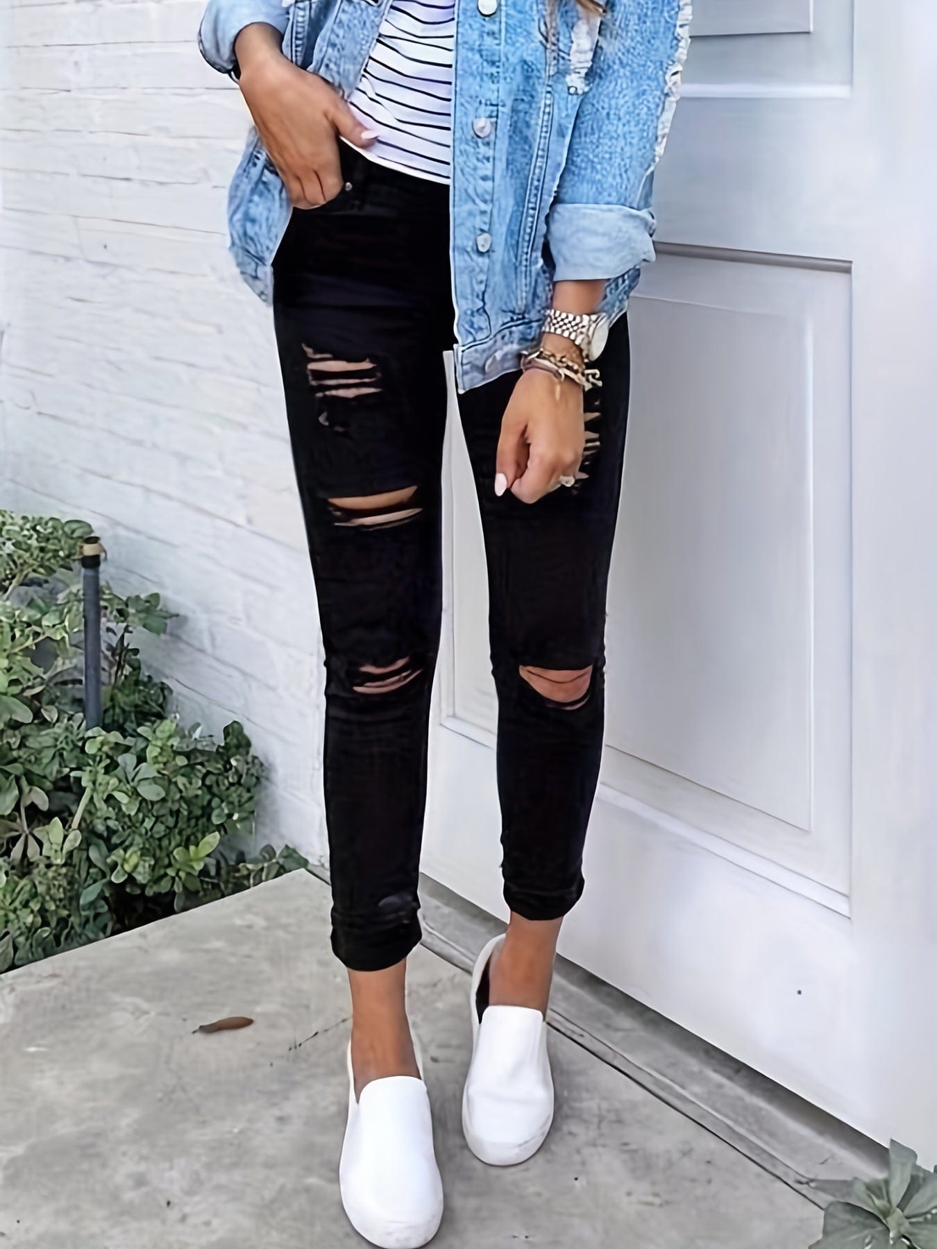Plain Ripped Skinny Slight-Stretch Casual Denim Jeans