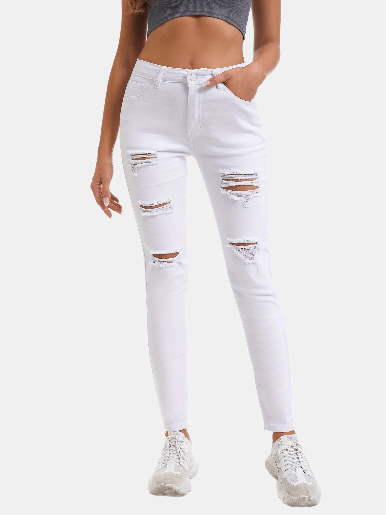 Plain Ripped Skinny Slight-Stretch Casual Denim Jeans
