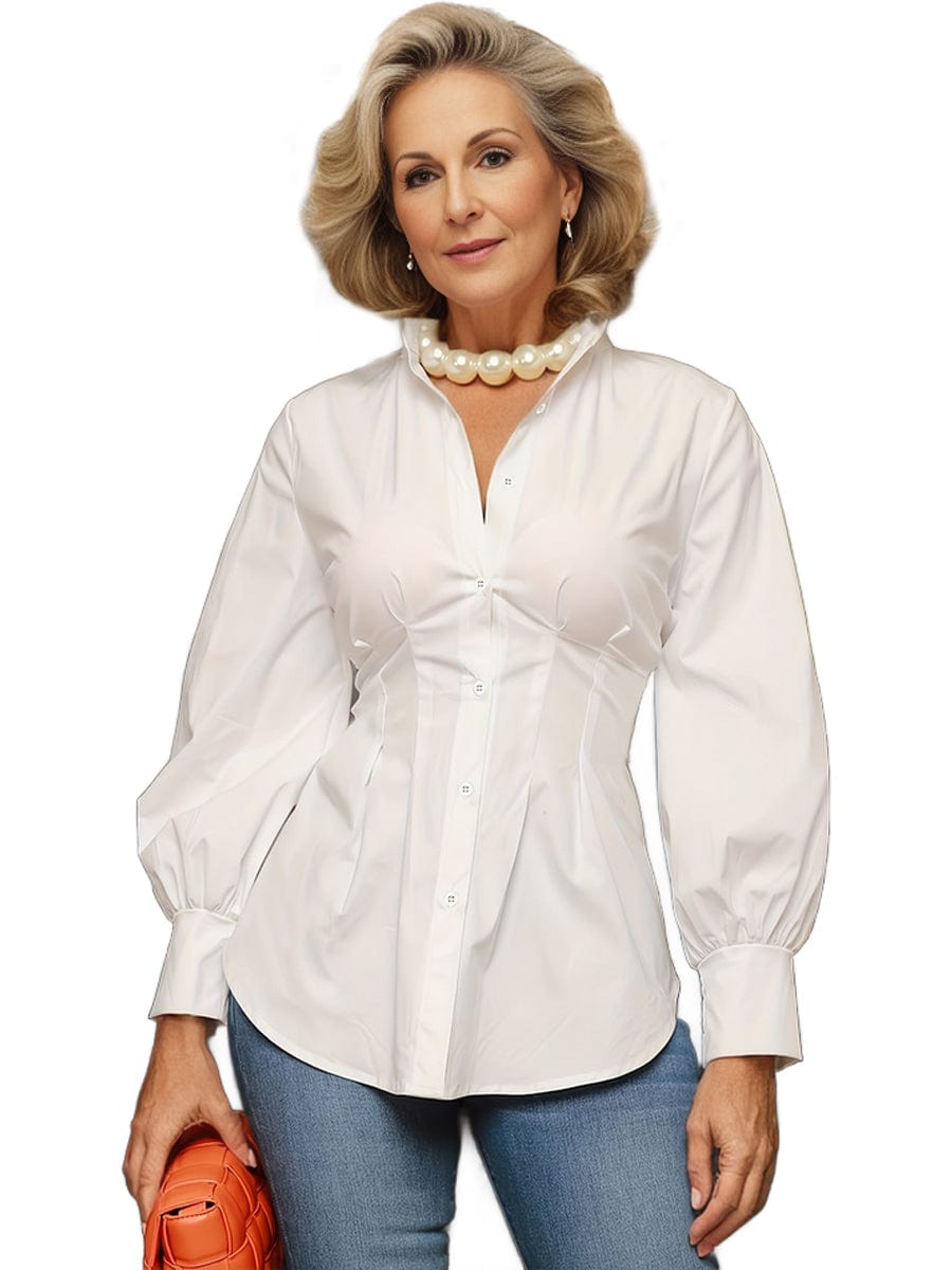 Plus Size Casual Blouse, Women's Plus Solid Button Up Lantern Sleeve Turn Down Collar Nipped Waist Blouse