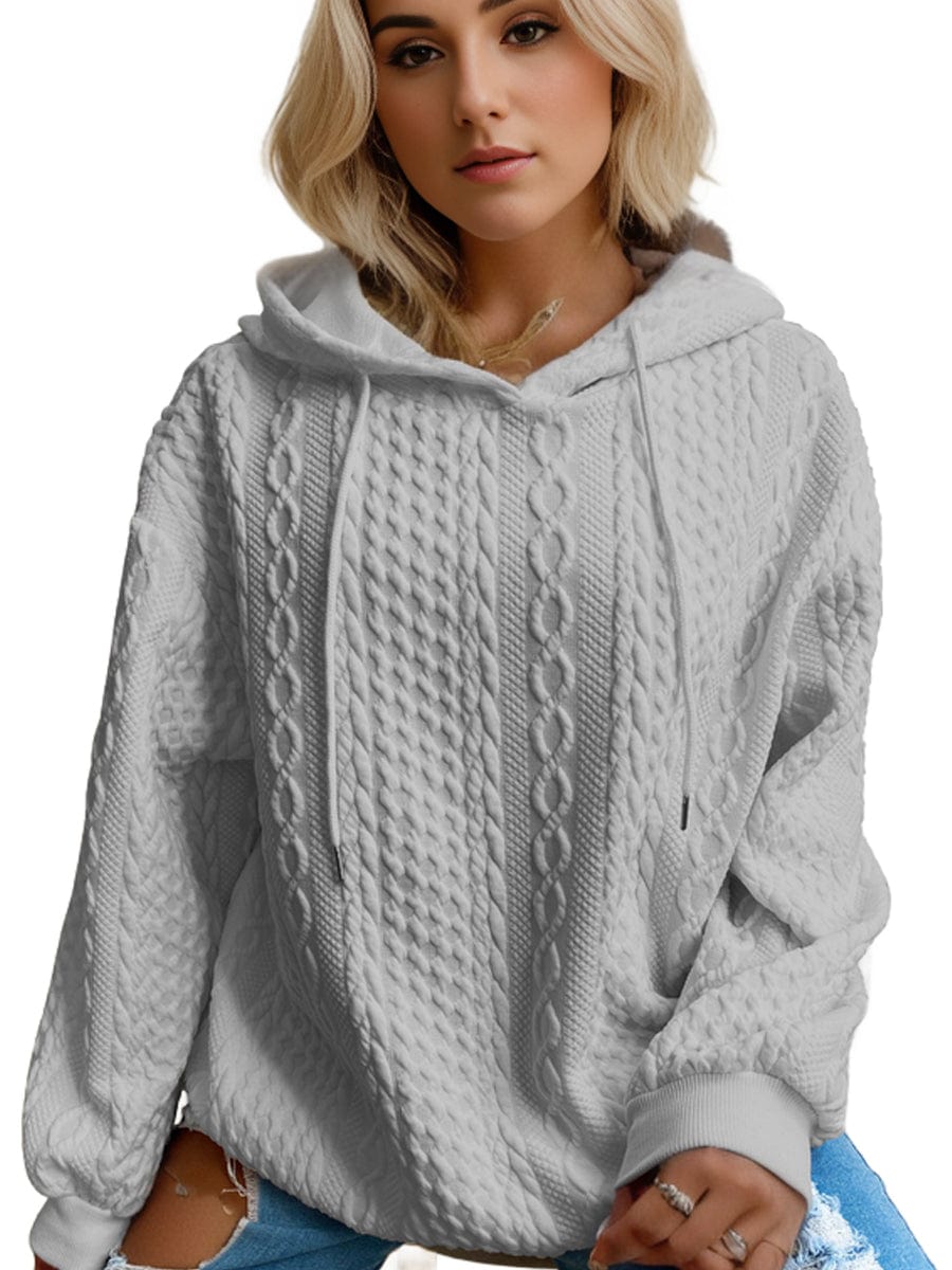 Plus Size Casual Hoodie, Women's Plus Solid Ribbed Long Sleeve Slight Stretch Hoodie Drawstring Sweatshirt