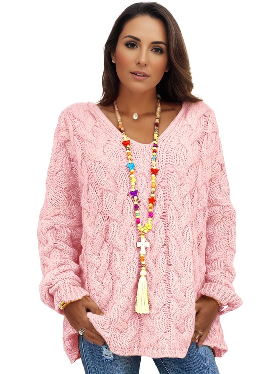 Plus Size Casual Sweater, Women's Plus Solid Hooded Long Sleeve V Neck Knitted Pullover Jumper Top