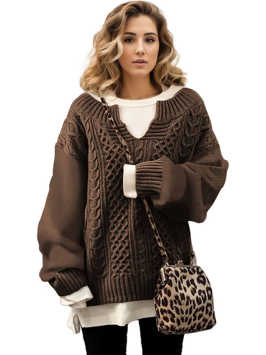 Plus Size Casual Sweater, Women's Plus Solid Jacquard Long Sleeve Notched Neck Slight Stretch Sweater
