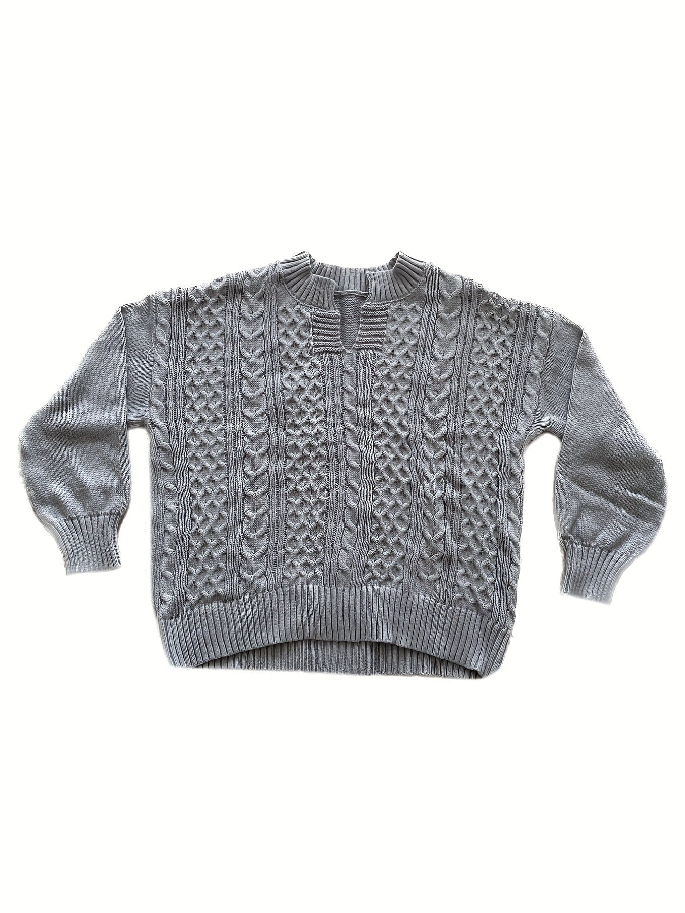 Plus Size Casual Sweater, Women's Plus Solid Jacquard Long Sleeve Notched Neck Slight Stretch Sweater