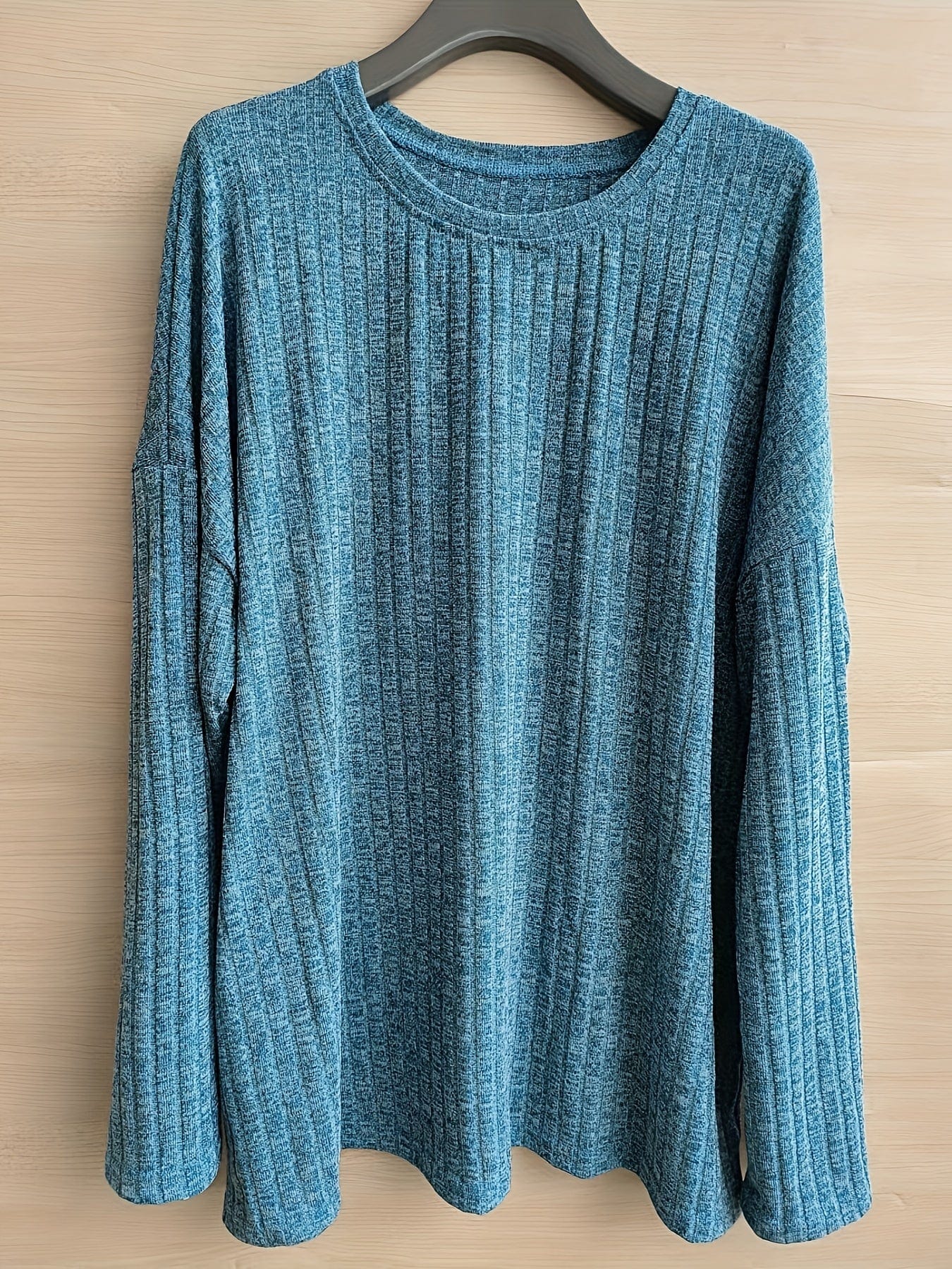 Plus Size Casual Sweater, Women's Plus Solid Ribbed Long Sleeve Round Neck Knit Top