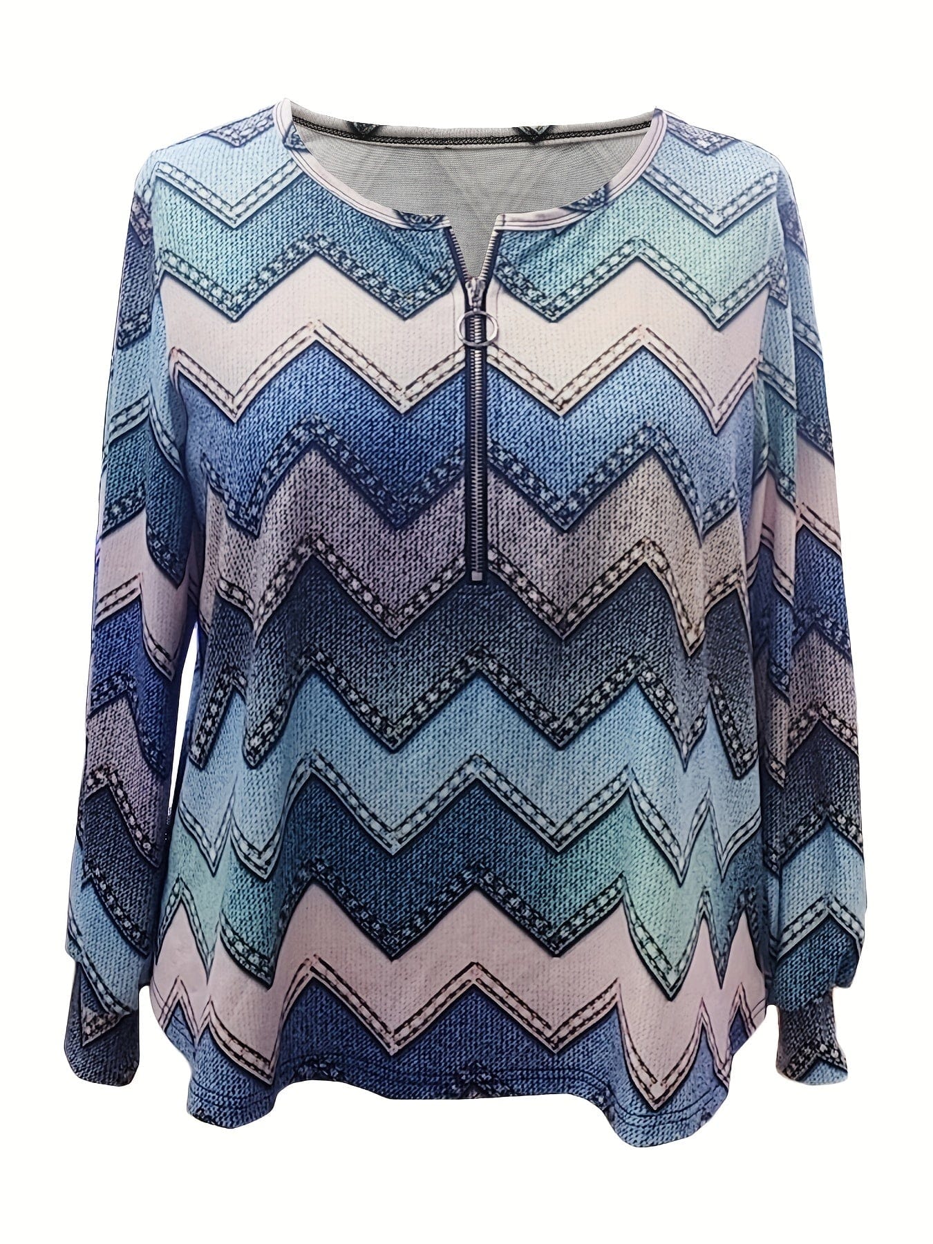 Plus Size Casual Sweatshirt, Women's Plus Geometric Print Long Sleeve Round Neck Half Zipper Slight Stretch Pullover Top