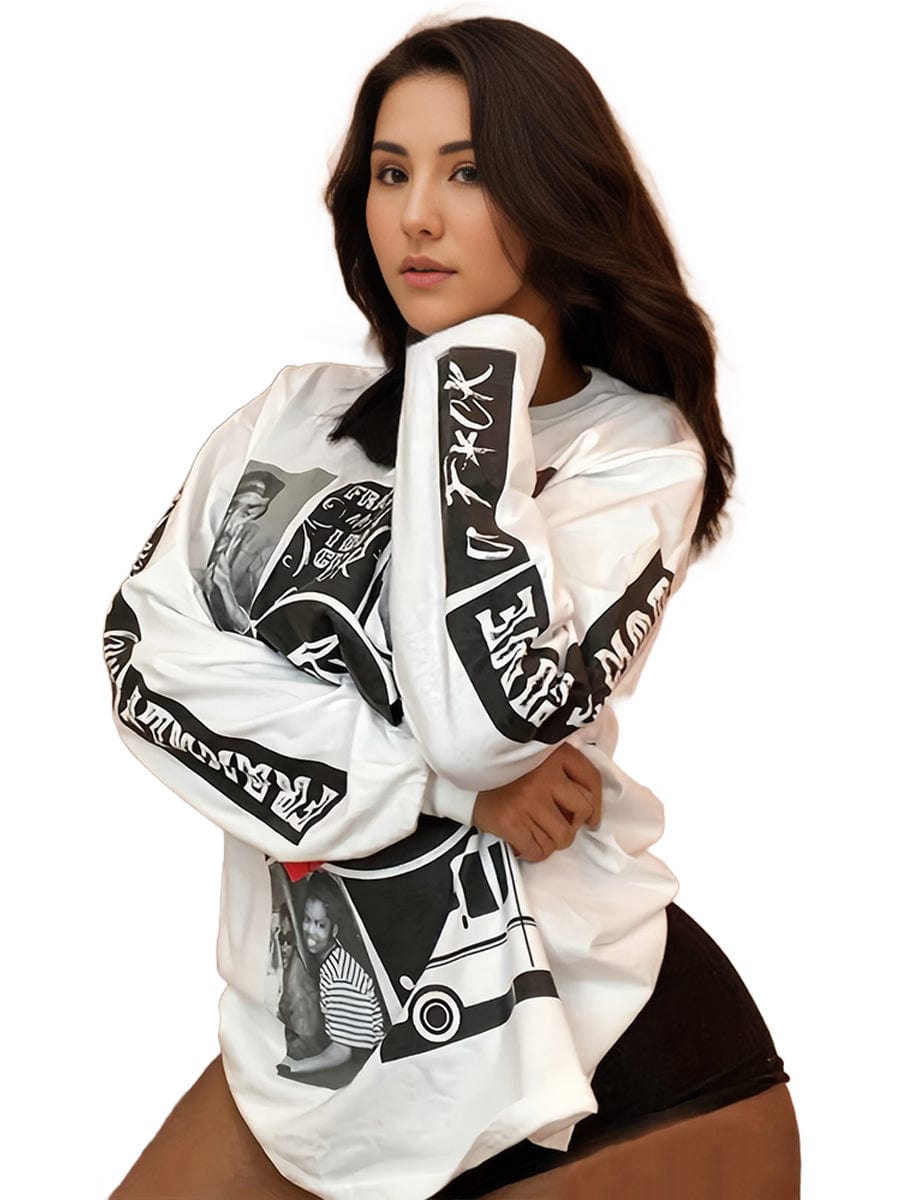 Plus Size Casual Sweatshirt, Women's Plus Graphic & Letter Print Long Sleeve Round Neck Slight Stretch Sweatshirt