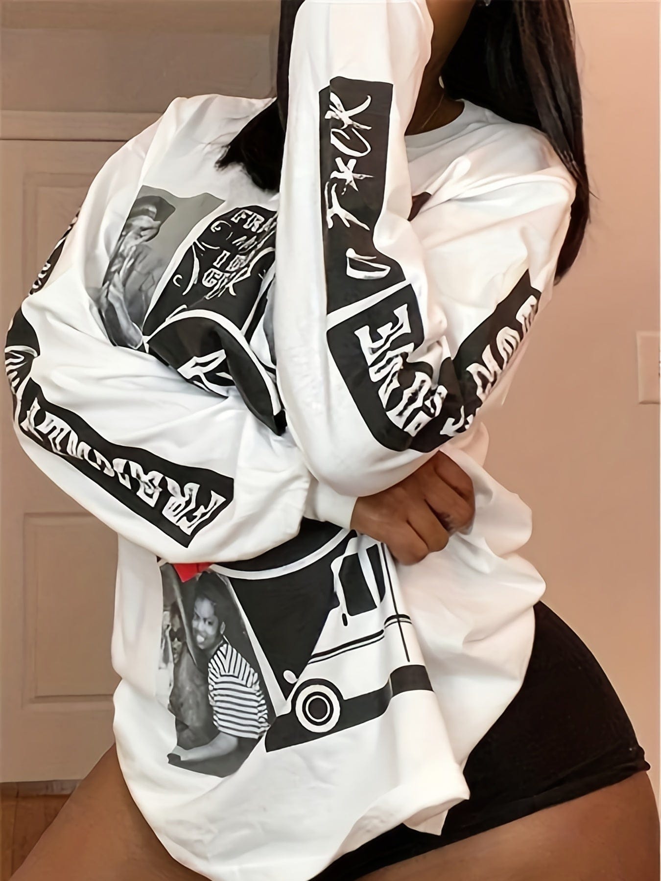 Plus Size Casual Sweatshirt, Women's Plus Graphic & Letter Print Long Sleeve Round Neck Slight Stretch Sweatshirt