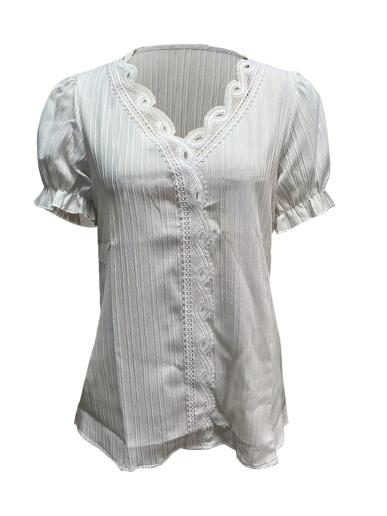 Plus Size Elegant Blouse, Women's Plus Solid Contrast Lace Ribbed Puff Sleeve V Neck Shirt Top