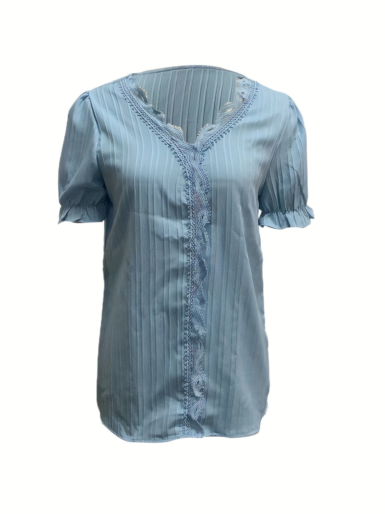 Plus Size Elegant Blouse, Women's Plus Solid Contrast Lace Ribbed Puff Sleeve V Neck Shirt Top
