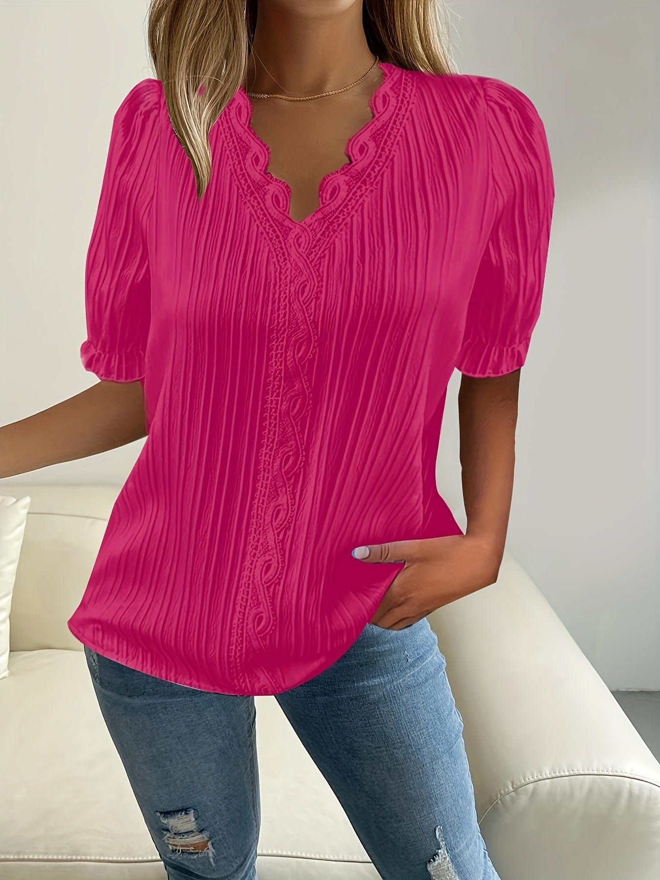 Plus Size Elegant Blouse, Women's Plus Solid Contrast Lace Ribbed Puff Sleeve V Neck Shirt Top