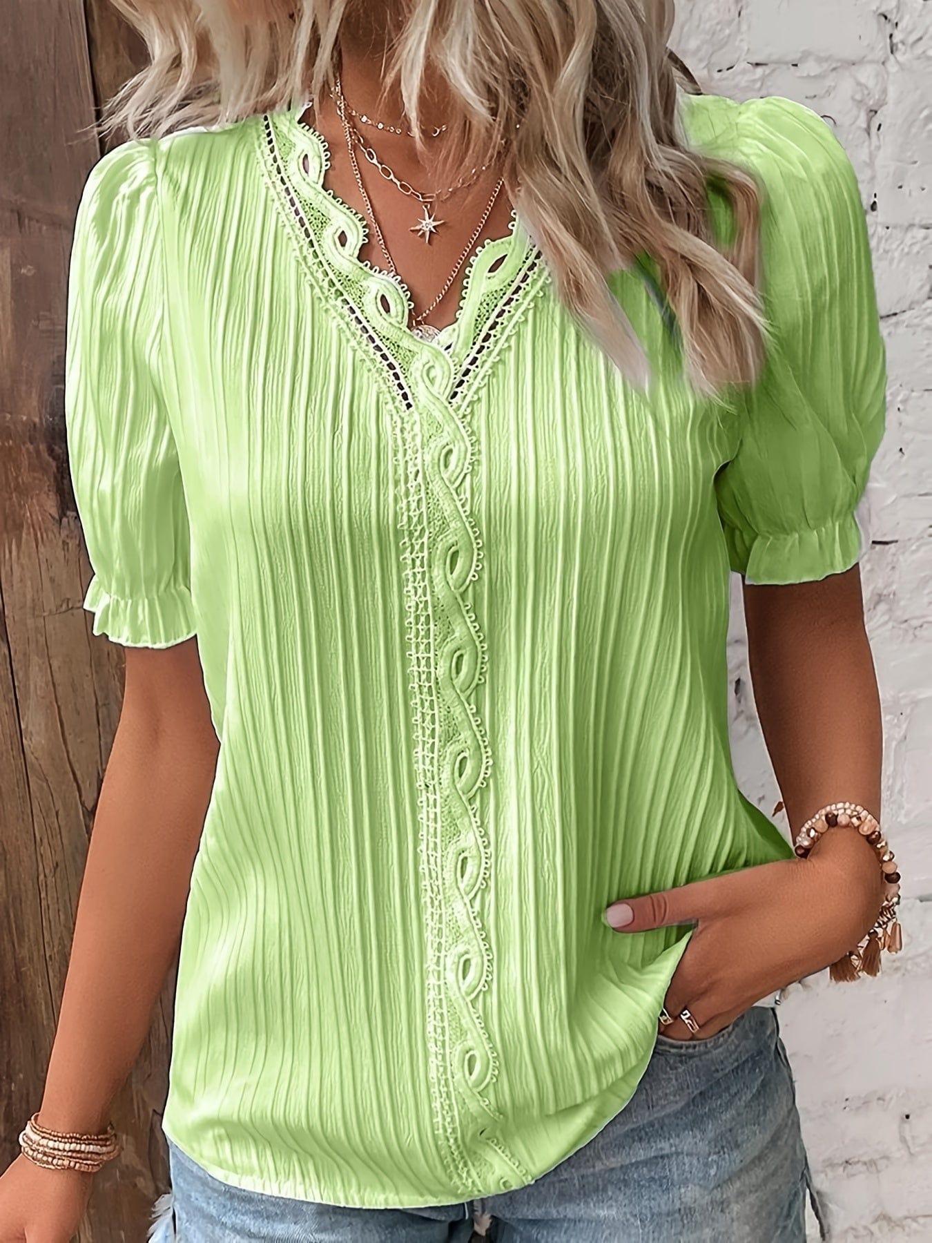 Plus Size Elegant Blouse, Women's Plus Solid Contrast Lace Ribbed Puff Sleeve V Neck Shirt Top