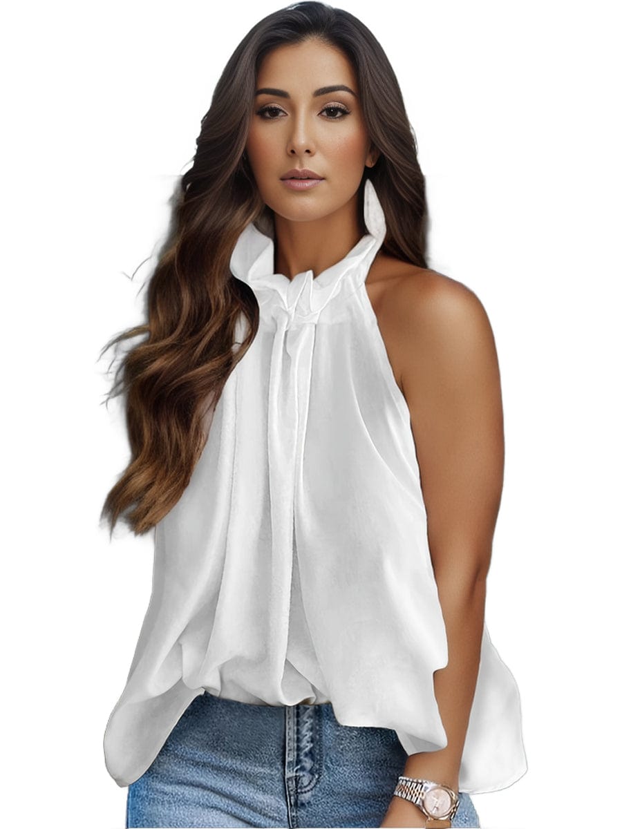 Plus Size Elegant Tank Top, Women's Plus Solid Halter Neck Tie Back Ruched Tank Top