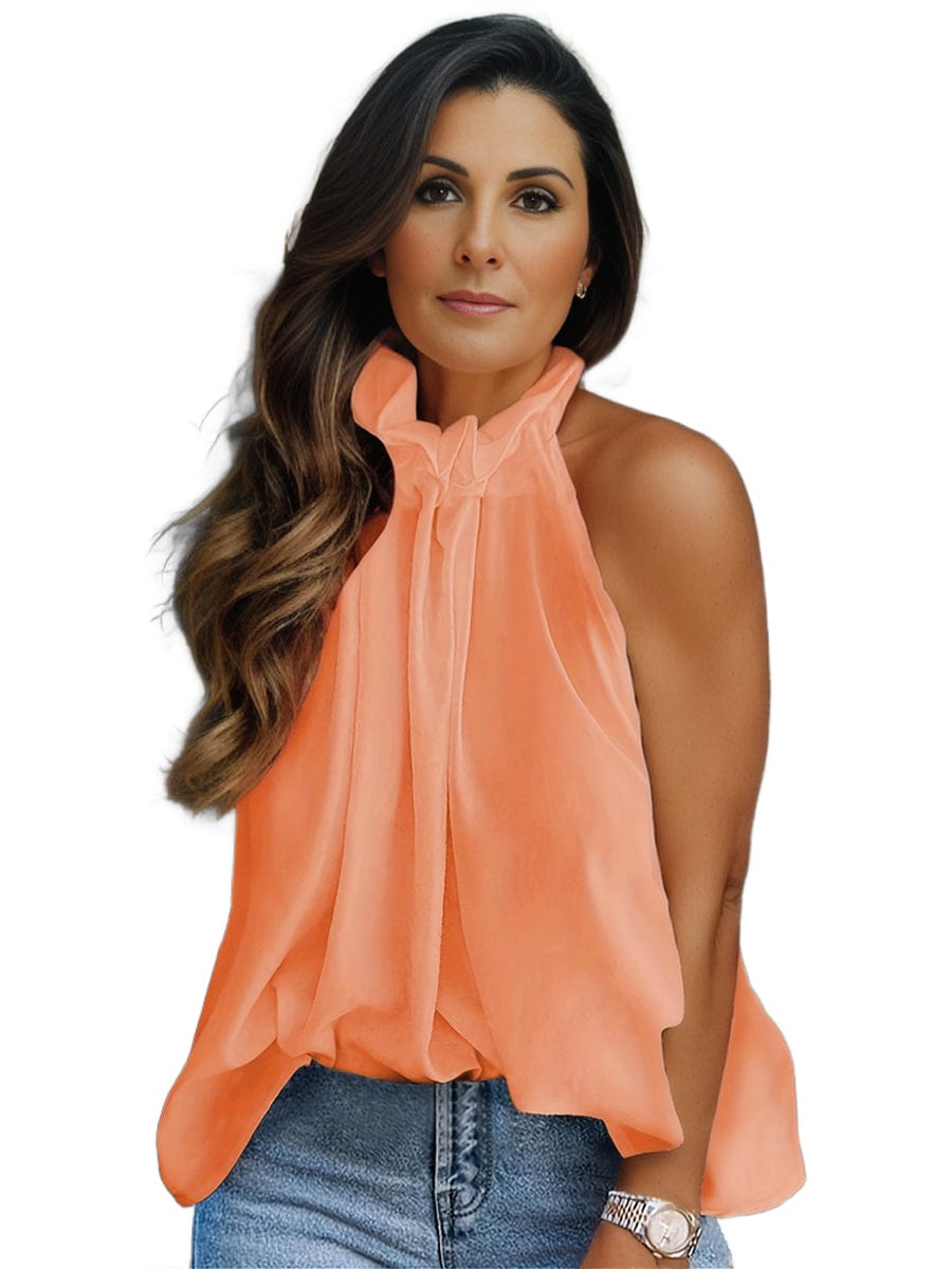 Plus Size Elegant Tank Top, Women's Plus Solid Halter Neck Tie Back Ruched Tank Top