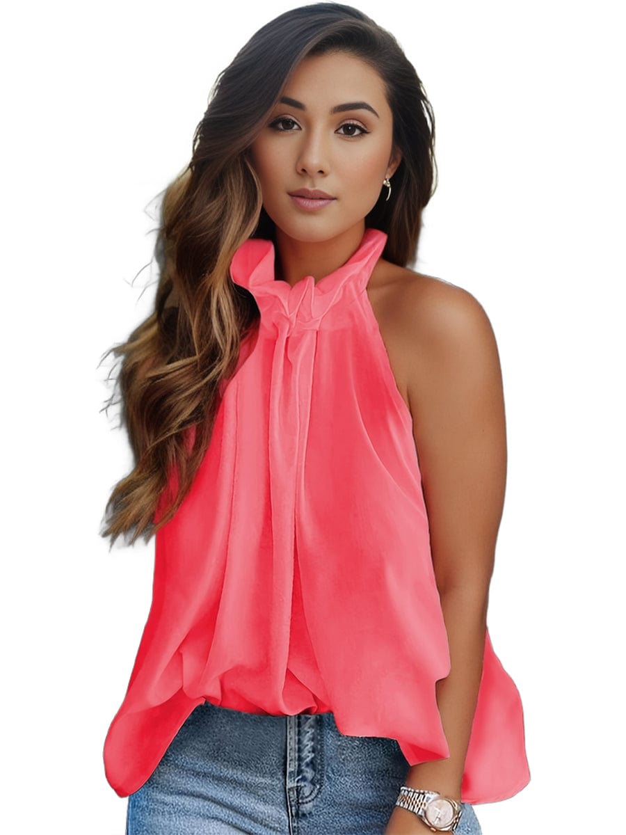 Plus Size Elegant Tank Top, Women's Plus Solid Halter Neck Tie Back Ruched Tank Top