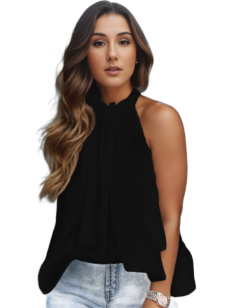 Plus Size Elegant Tank Top, Women's Plus Solid Halter Neck Tie Back Ruched Tank Top