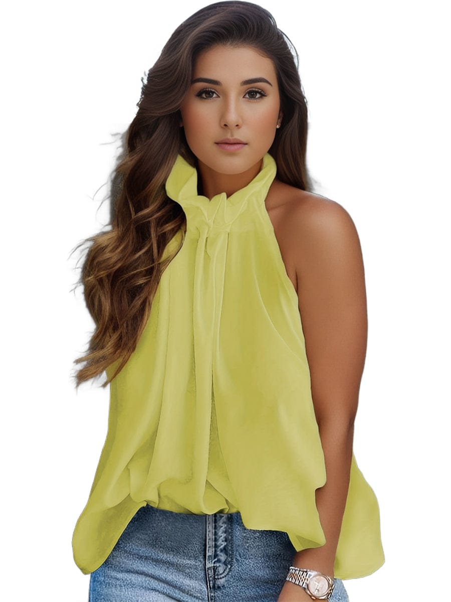 Plus Size Elegant Tank Top, Women's Plus Solid Halter Neck Tie Back Ruched Tank Top
