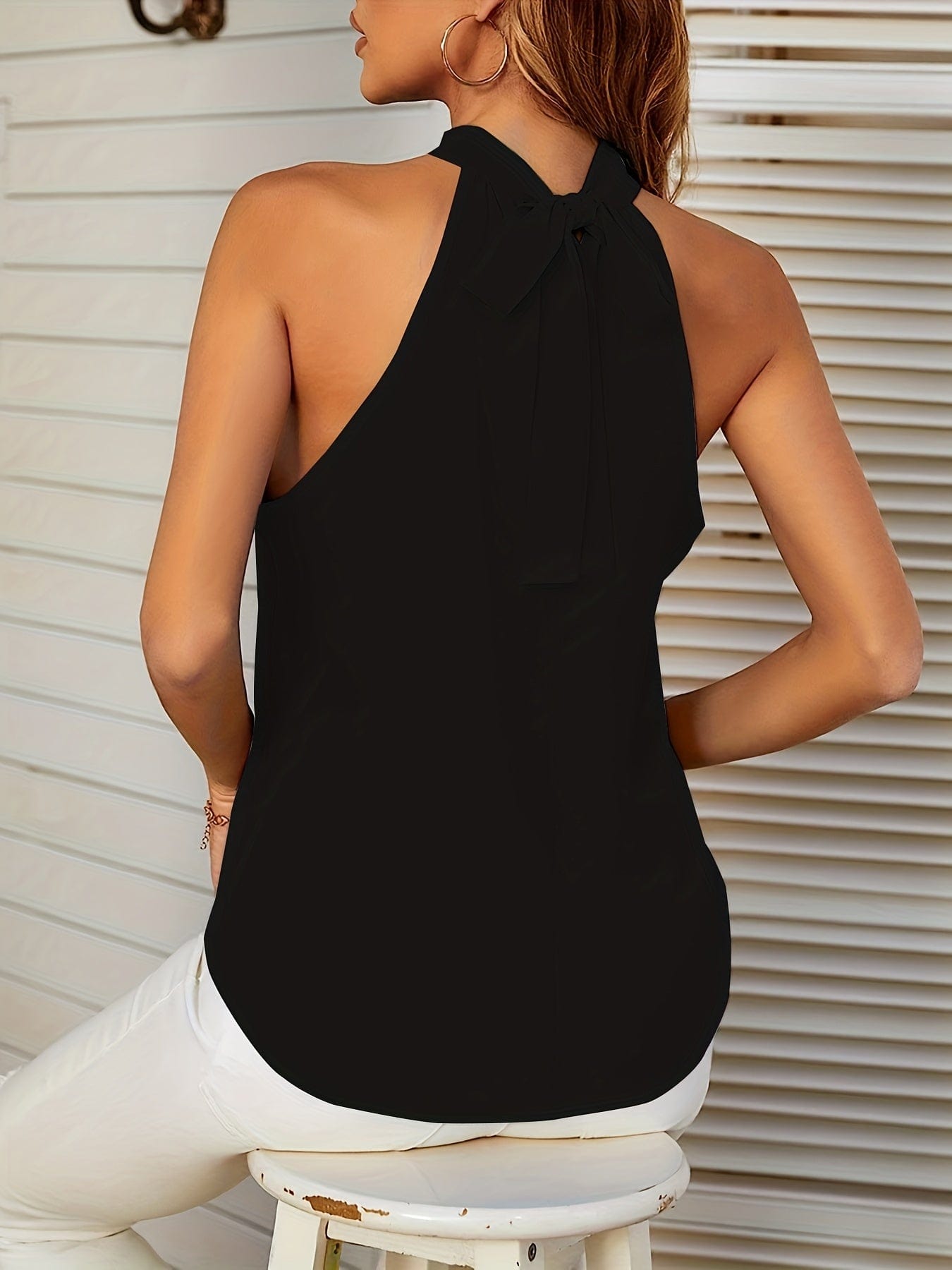 Plus Size Elegant Tank Top, Women's Plus Solid Halter Neck Tie Back Ruched Tank Top
