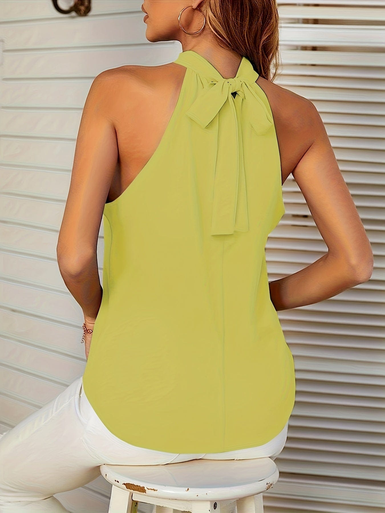 Plus Size Elegant Tank Top, Women's Plus Solid Halter Neck Tie Back Ruched Tank Top