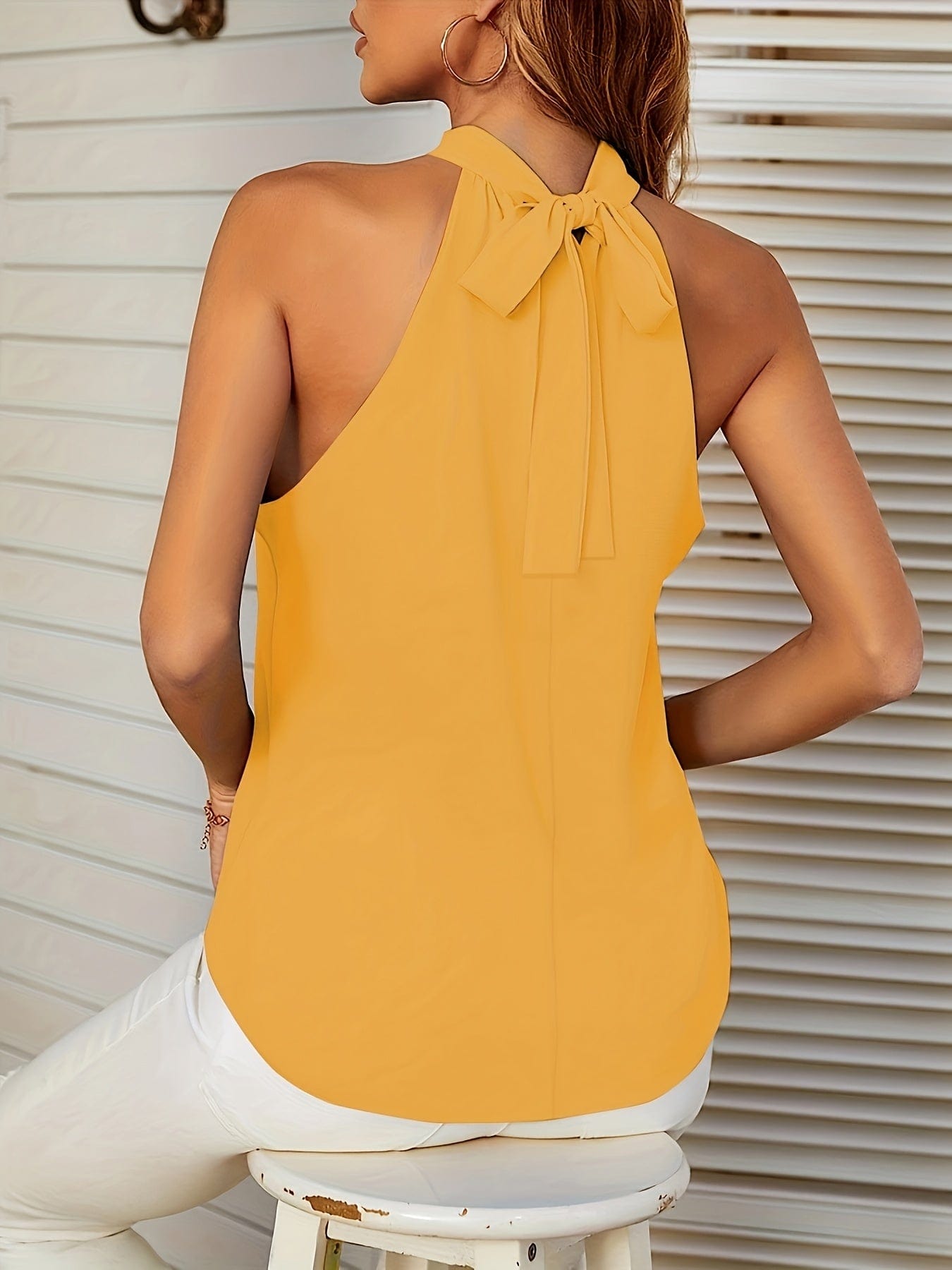 Plus Size Elegant Tank Top, Women's Plus Solid Halter Neck Tie Back Ruched Tank Top