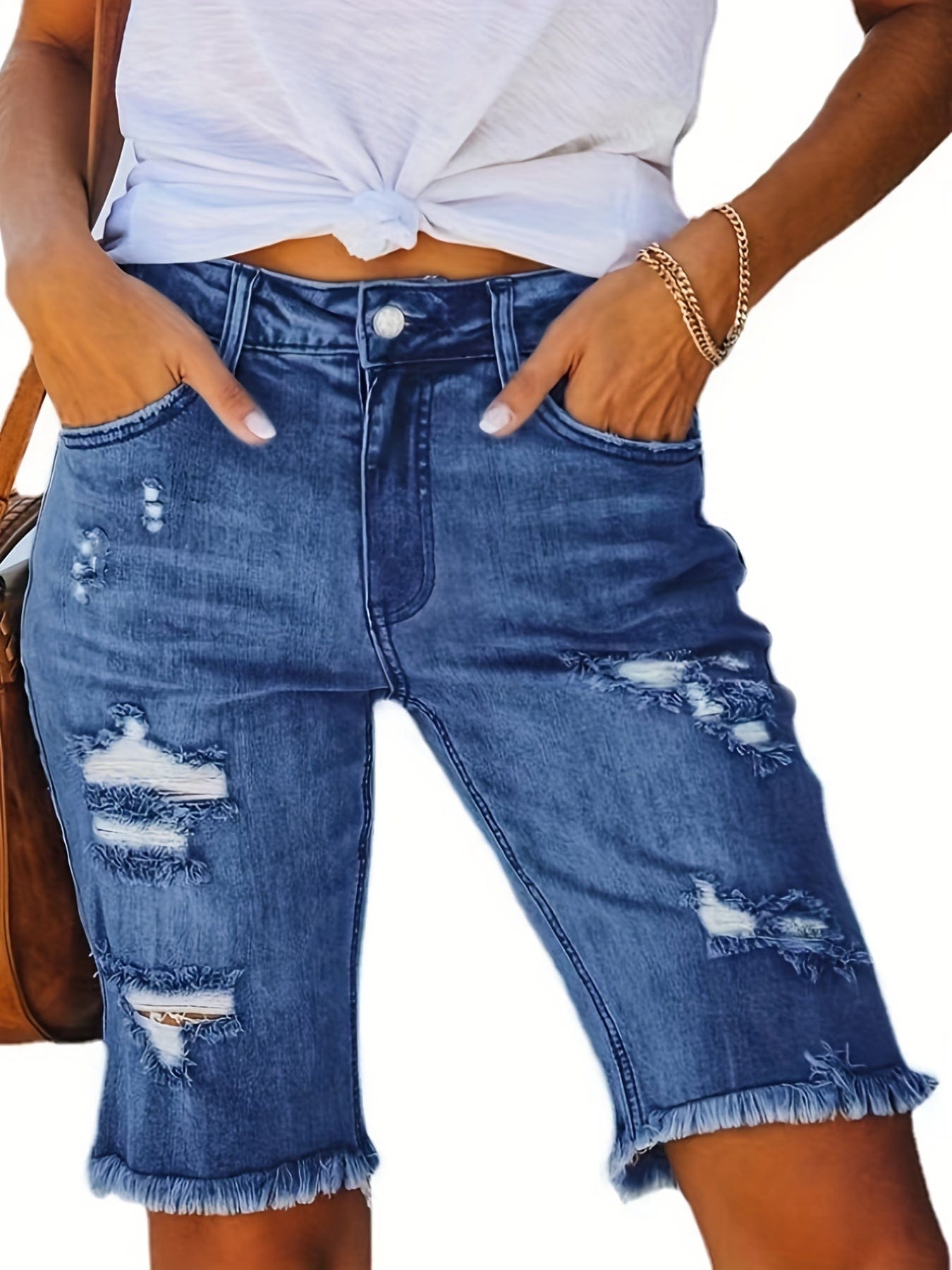 Raw Hem Ripped Holes Bermuda Mid Waist Denim Shorts