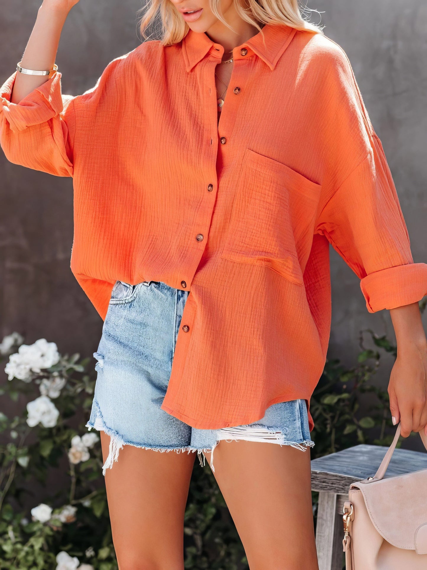 Simple Long Sleeve V-Neck Button Lapel Blouse