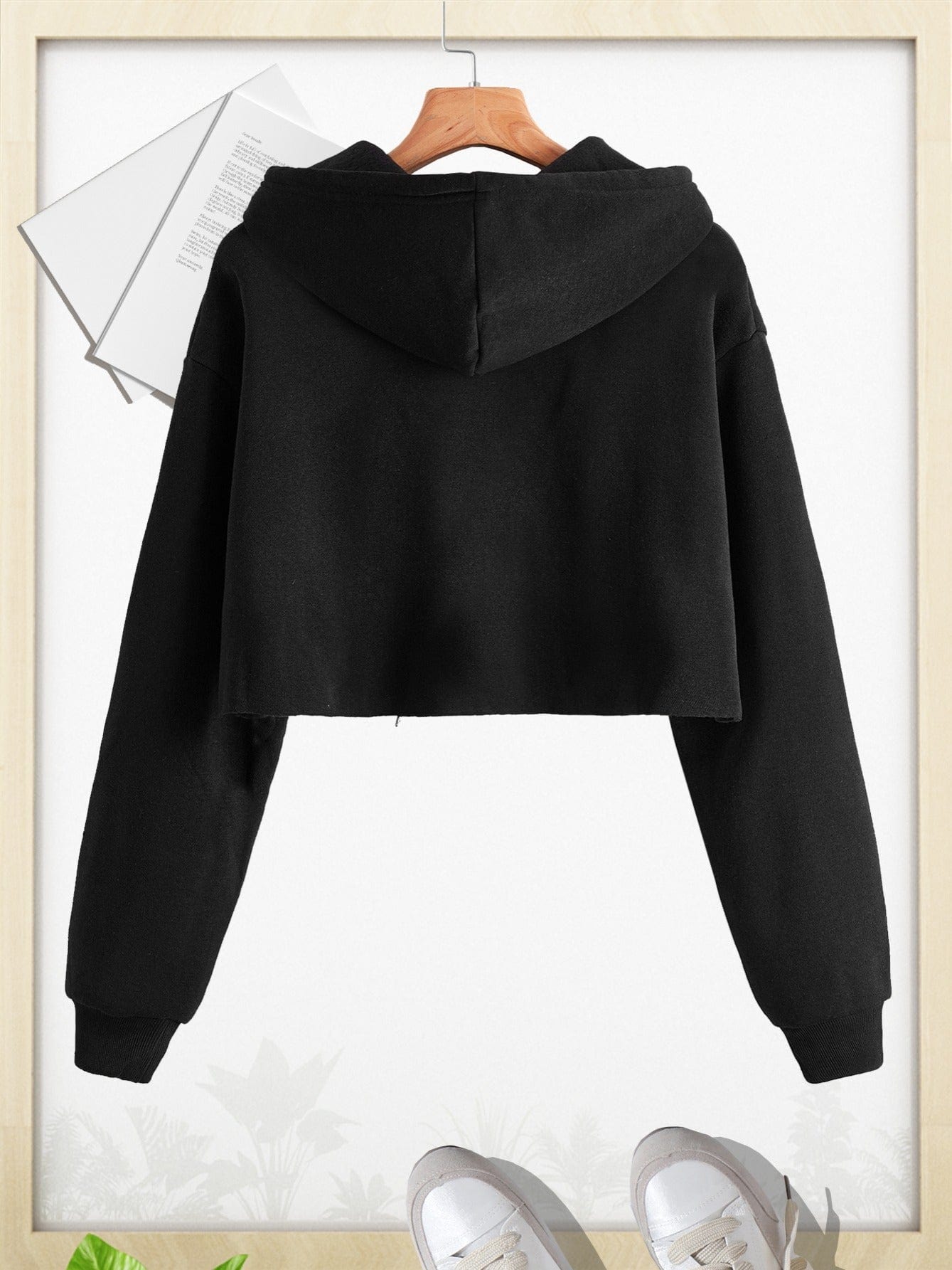 Solid Drawstring Long Sleeve Pullover Cropped Hoodie