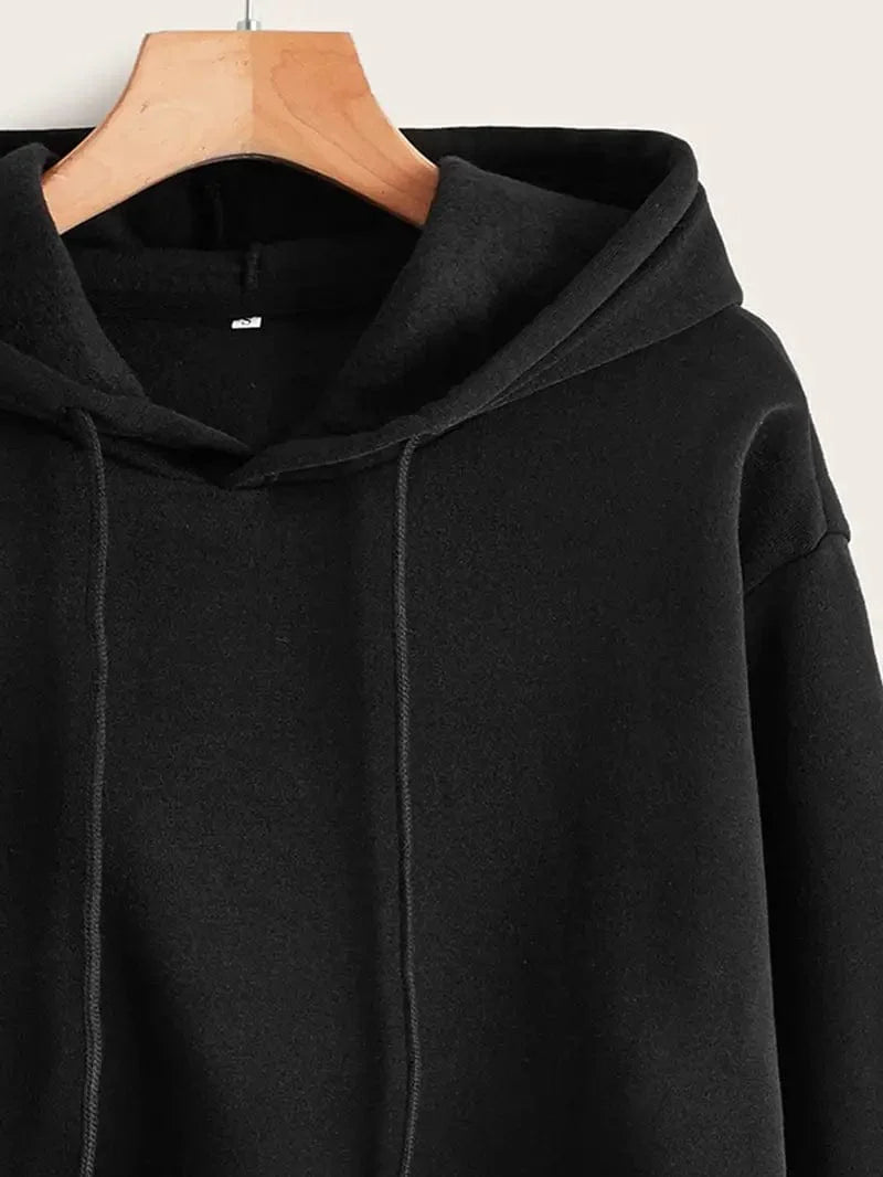 Solid Drawstring Long Sleeve Pullover Cropped Hoodie