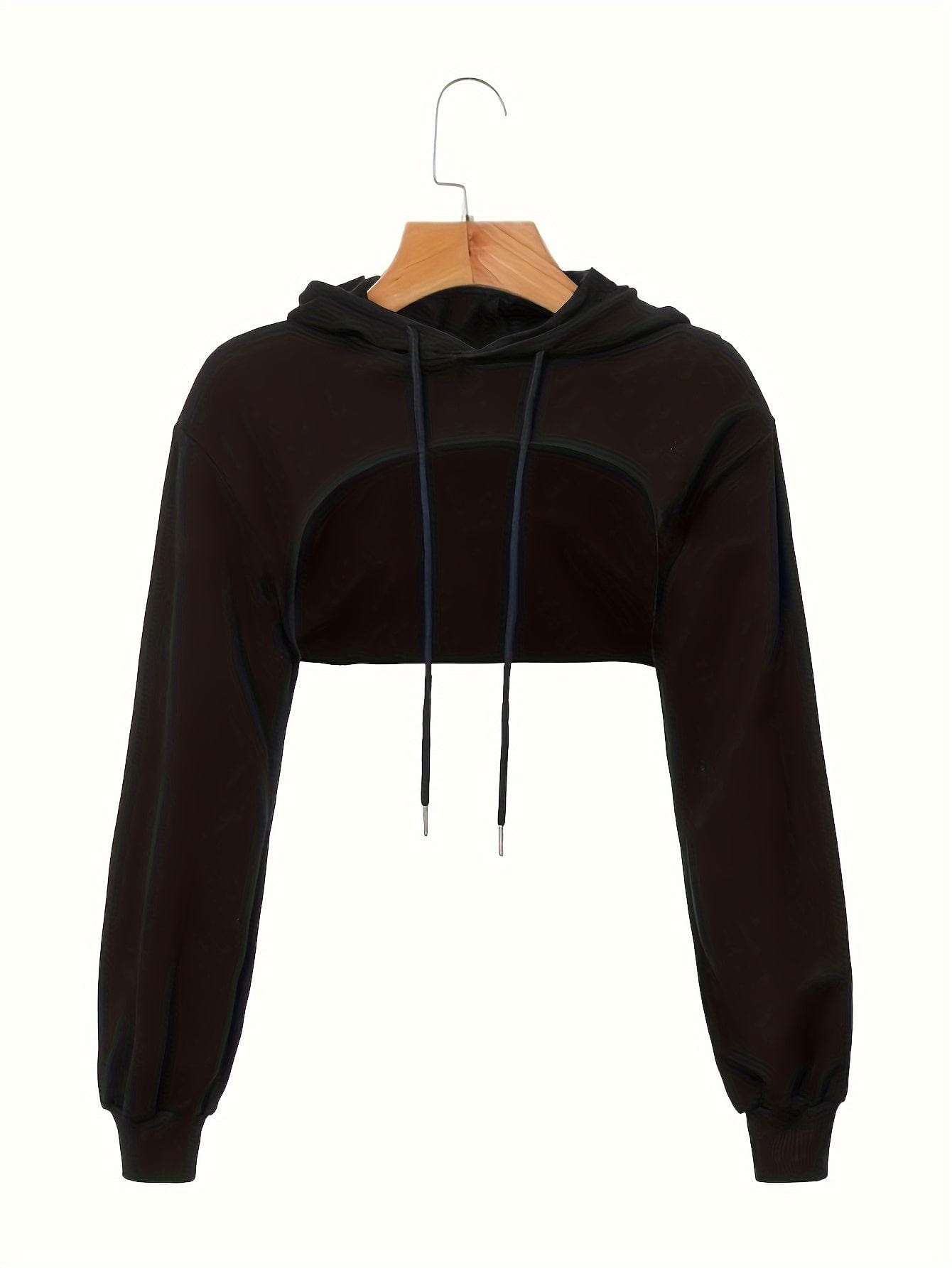Solid Long Sleeve Drawstring Super Crop Sporty Hoodie