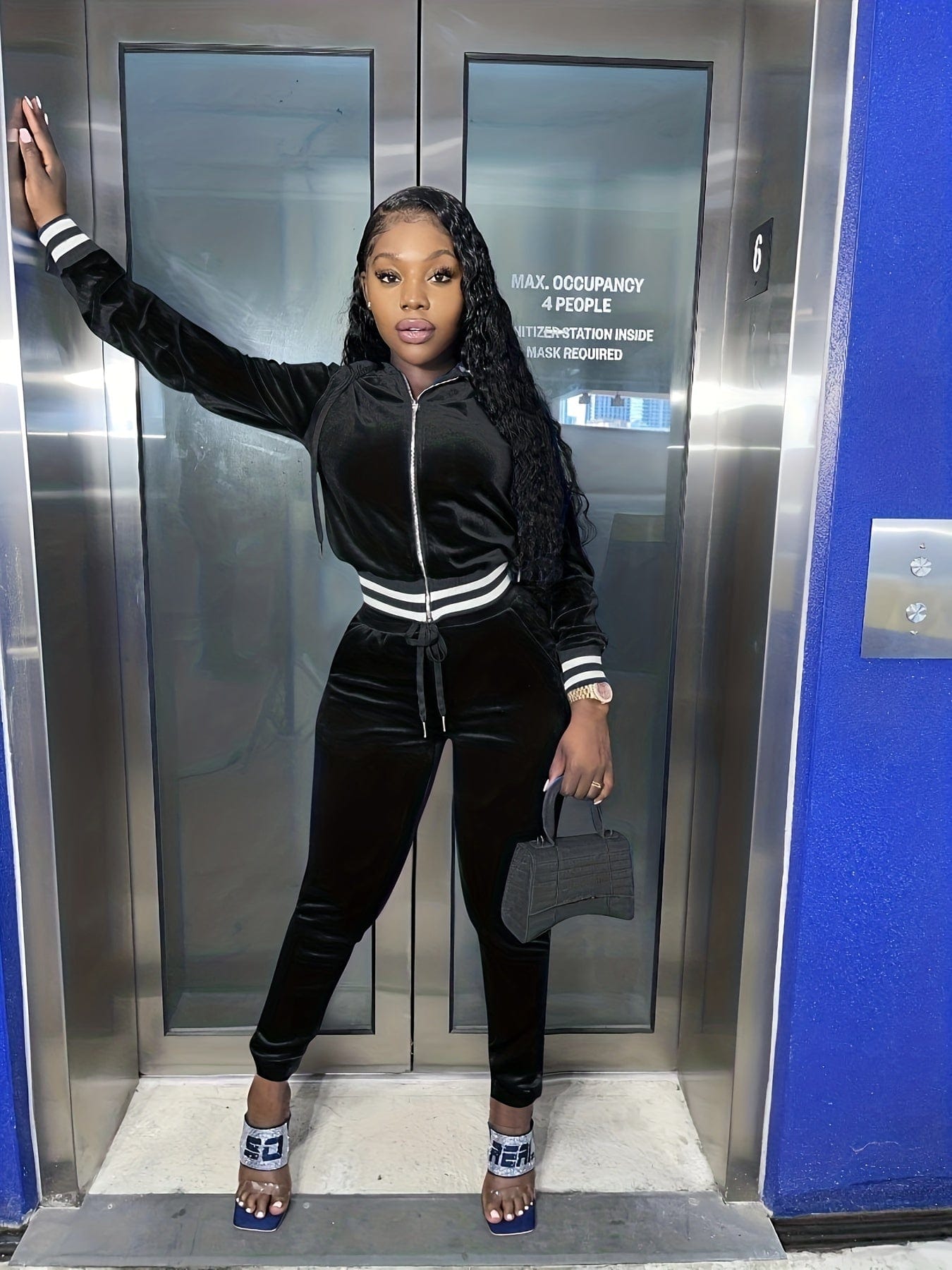 Solid Long Sleeve Hooded Zipper Jacket & Drawstring Pants Sports Set