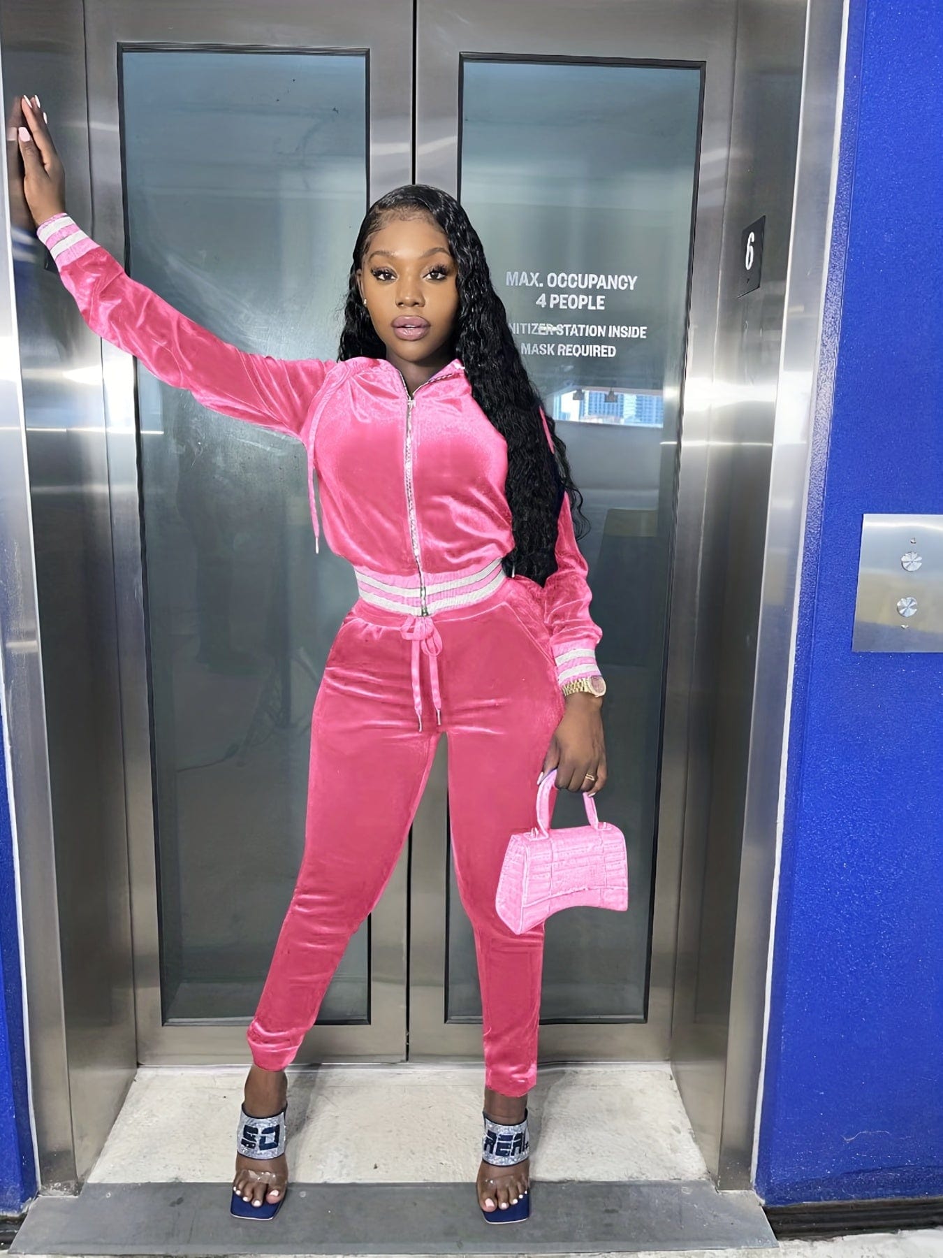 Solid Long Sleeve Hooded Zipper Jacket & Drawstring Pants Sports Set