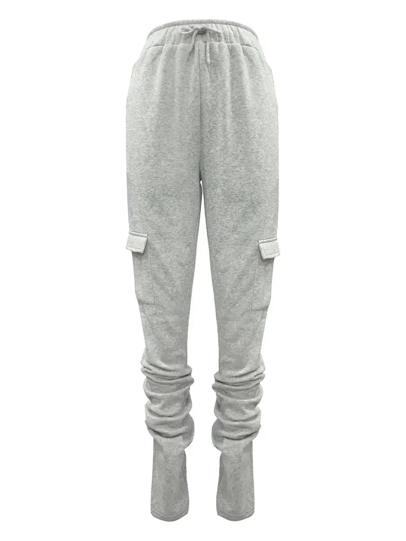 Solid Ruched Adjustable Drawstring Casual Pants