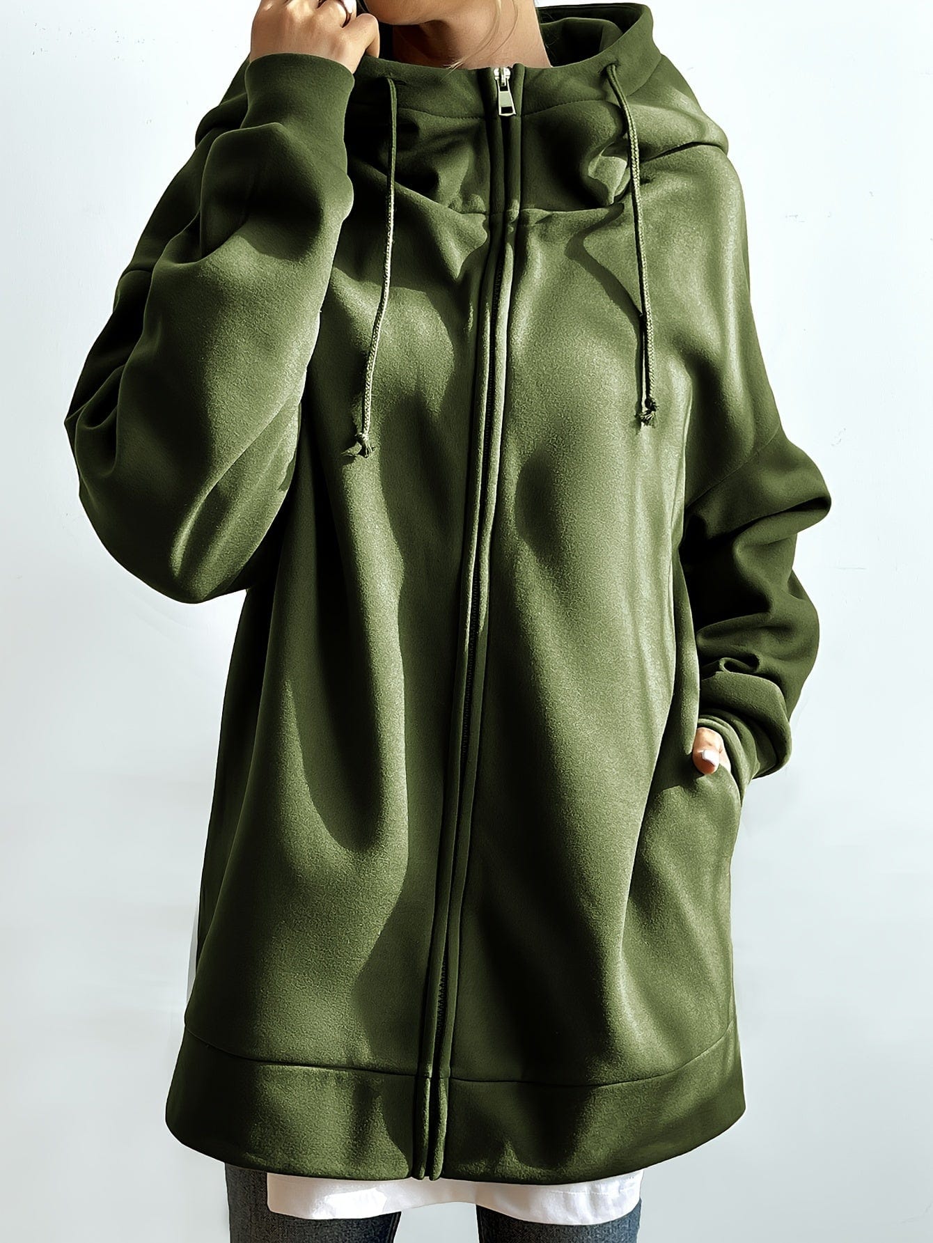 Solid Zipper Long Sleeve Drawstring Hooded Sporty Hoodie