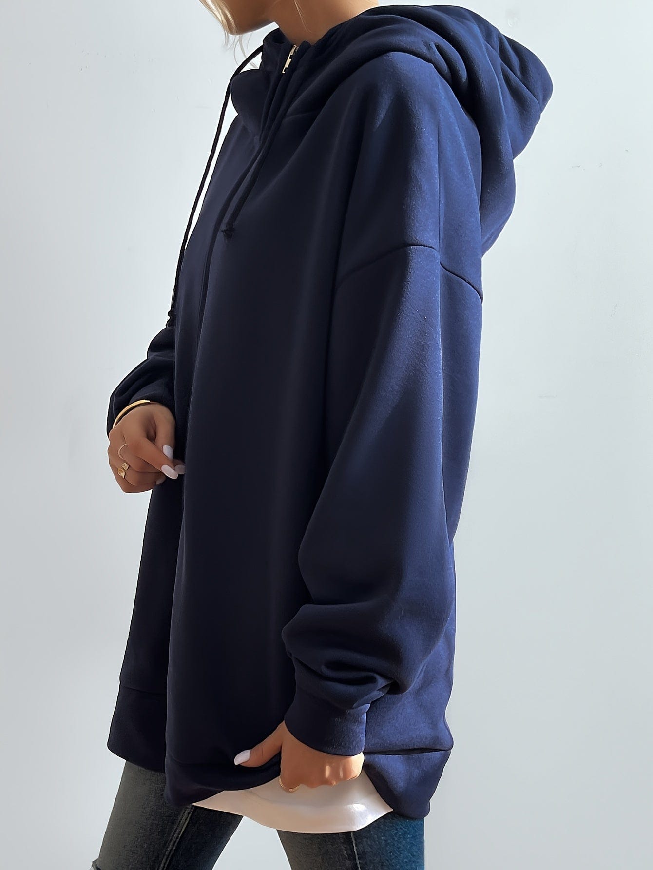 Solid Zipper Long Sleeve Drawstring Hooded Sporty Hoodie